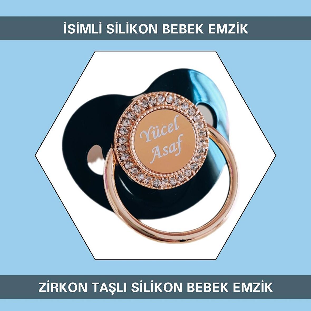 Sahi Aksesuar İsimli Zirkon Taşlı Silikon Bebek Emzik