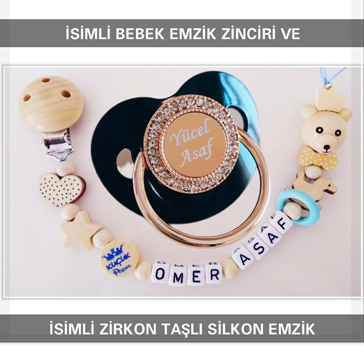 Sahi Aksesuar İsimli Bebek Emzik Zinciri ve İsimli Silikon Emzik Seti