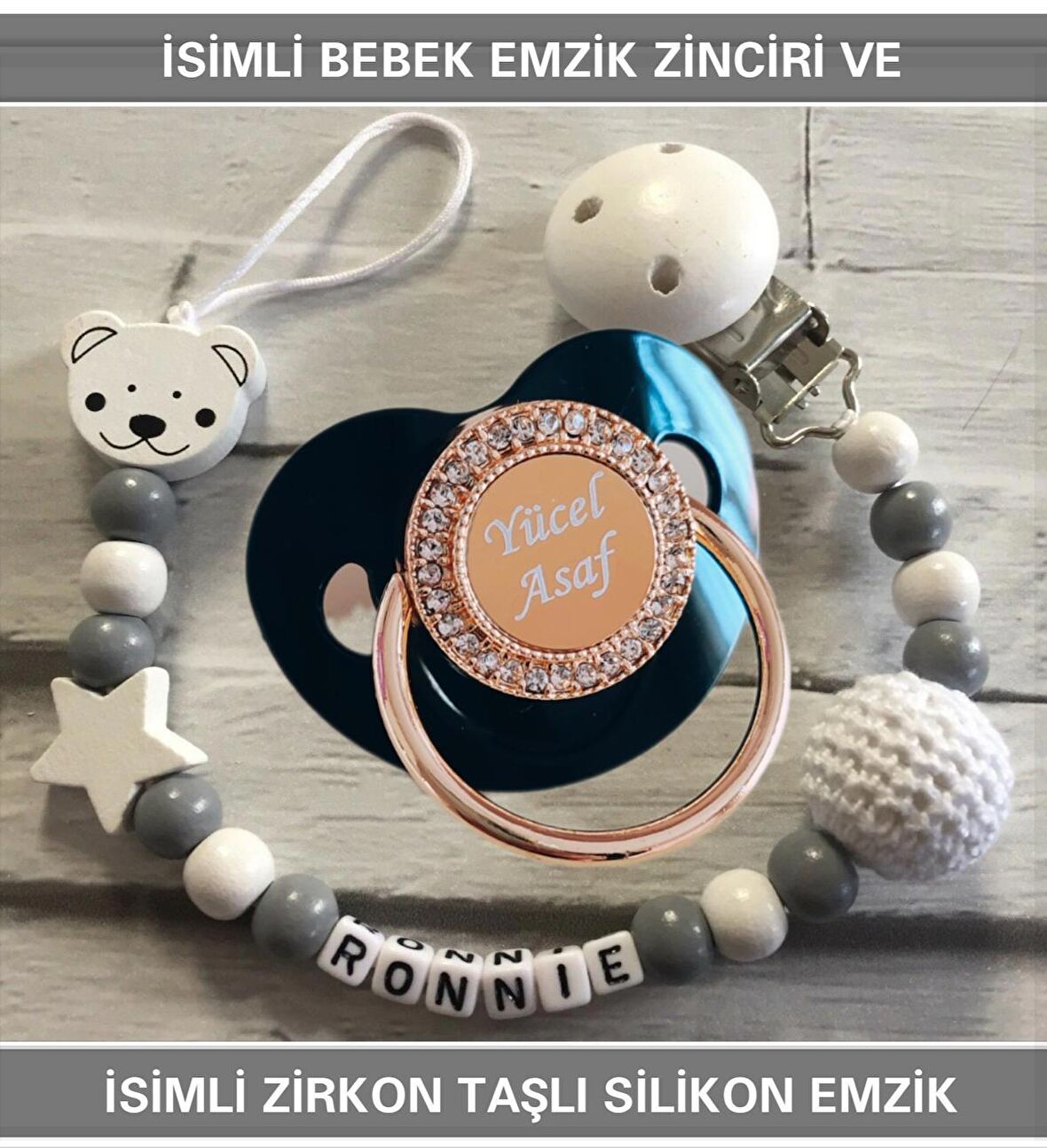 Sahi Aksesuar İsimli Bebek Emzik Zinciri ve İsimli Silikon Emzik Seti