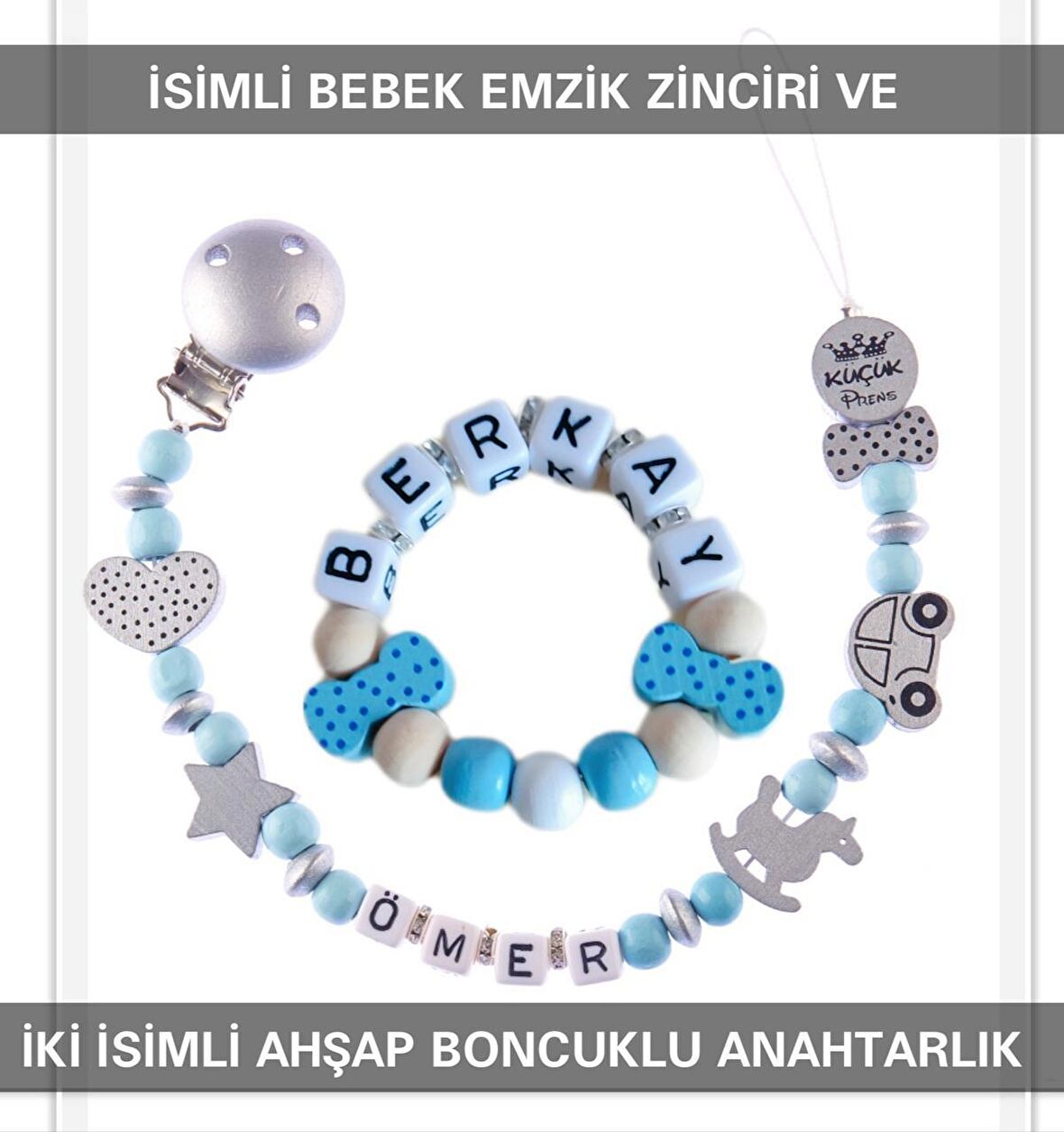 Sahi Aksesuar İsimli Bebek Emzik Zinciri ve Bebek Bileklik Seti