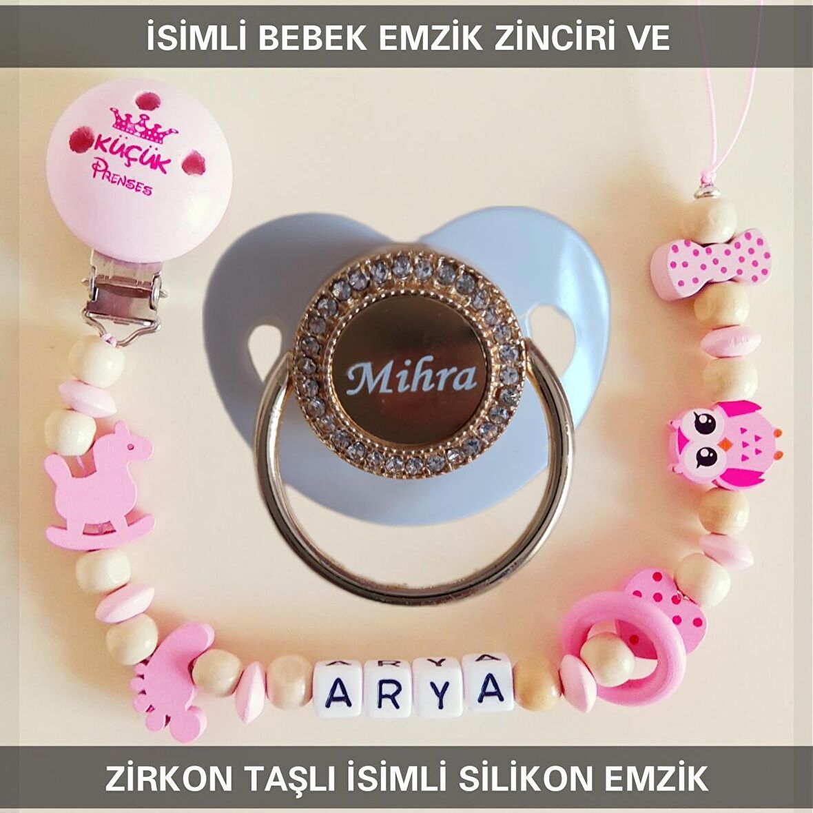 Sahi Aksesuar İsimli Bebek Emzik Zinciri ve Bebek Silikon Emzik