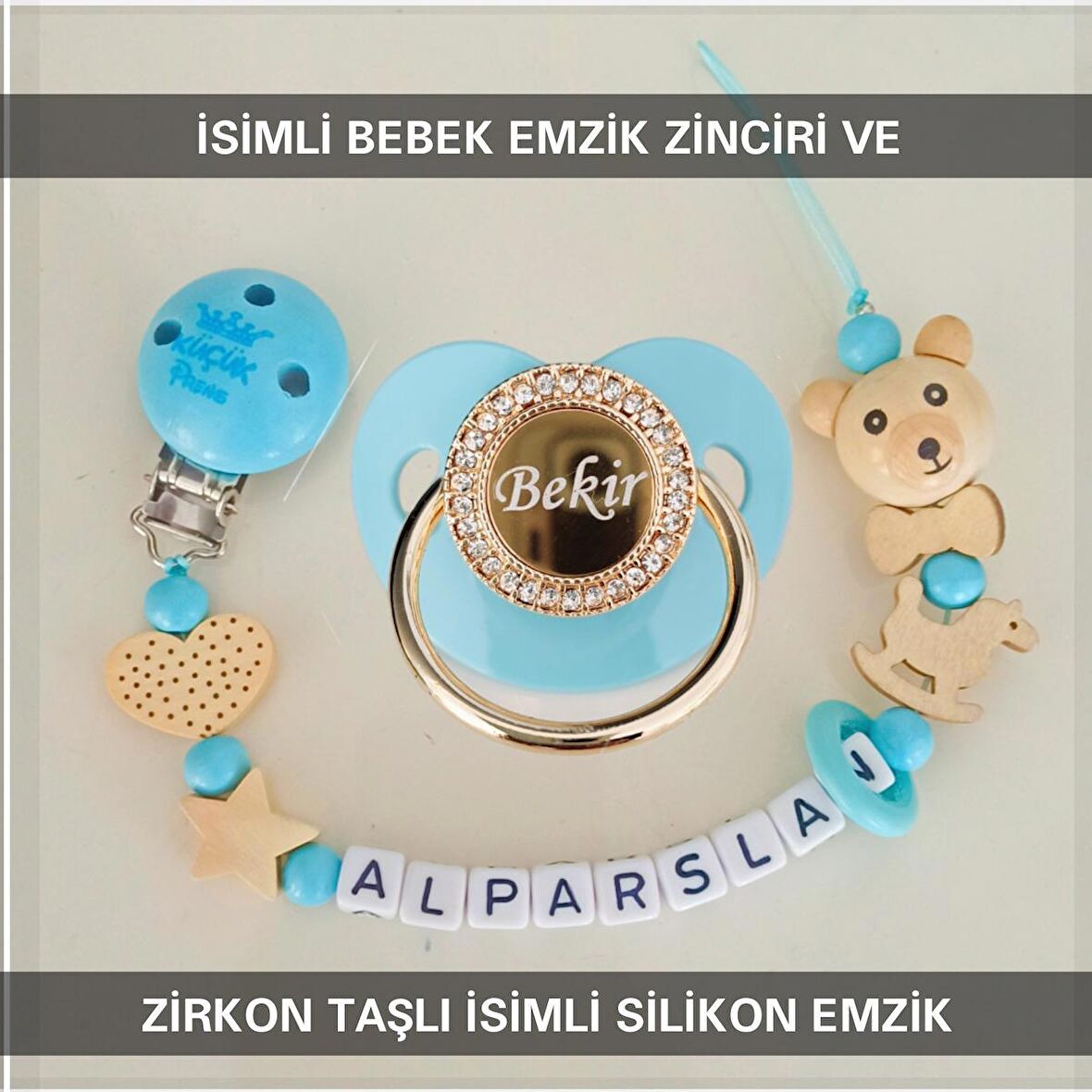 Sahi Aksesuar İsimli Bebek Emzik Zinciri ve Bebek Silikon Emzik