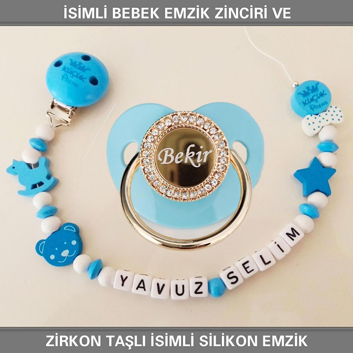 Sahi Aksesuar İsimli Bebek Emzik Zinciri ve Bebek Silikon Emzik