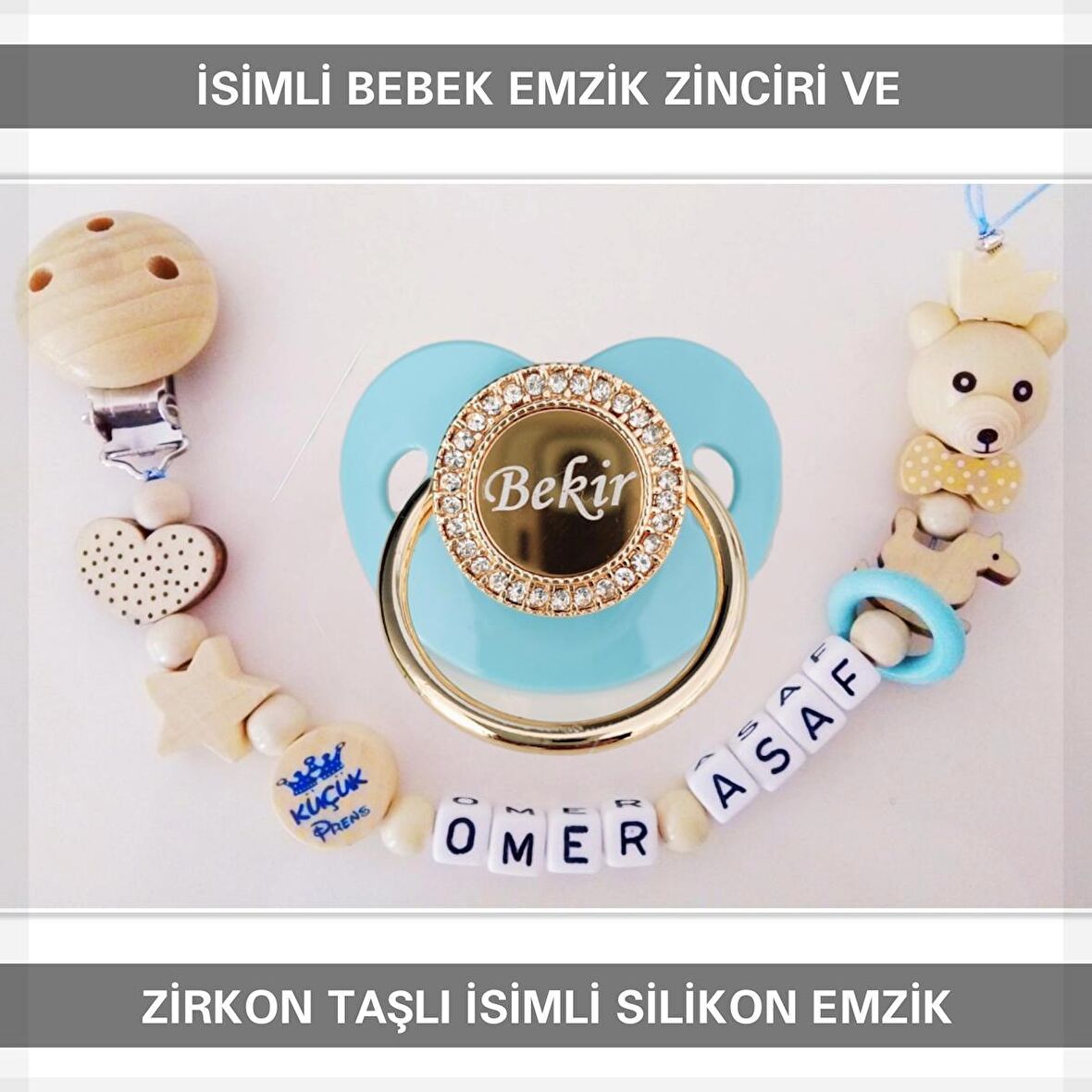 Sahi Aksesuar İsimli Bebek Emzik Zinciri ve Bebek Silikon Emzik