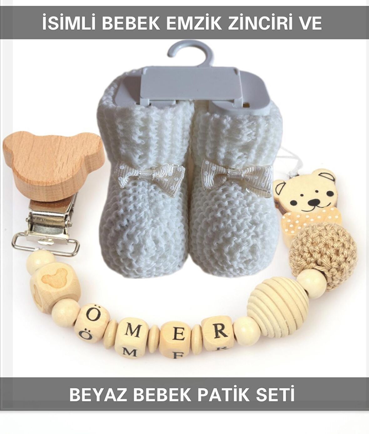 Sahi Aksesuar İsimli Bebek Emzik Zinciri ve Beyaz Bebek Patik Seti