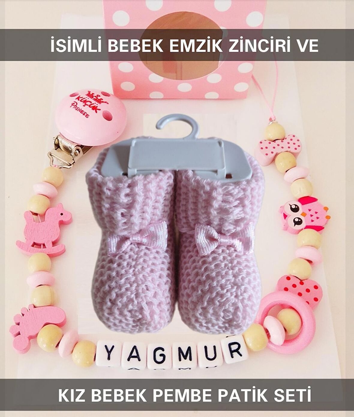 Sahi Aksesuar İsimsiz Bebek Emzik Zinciri ve Kız Bebek Pembe Patik Seti