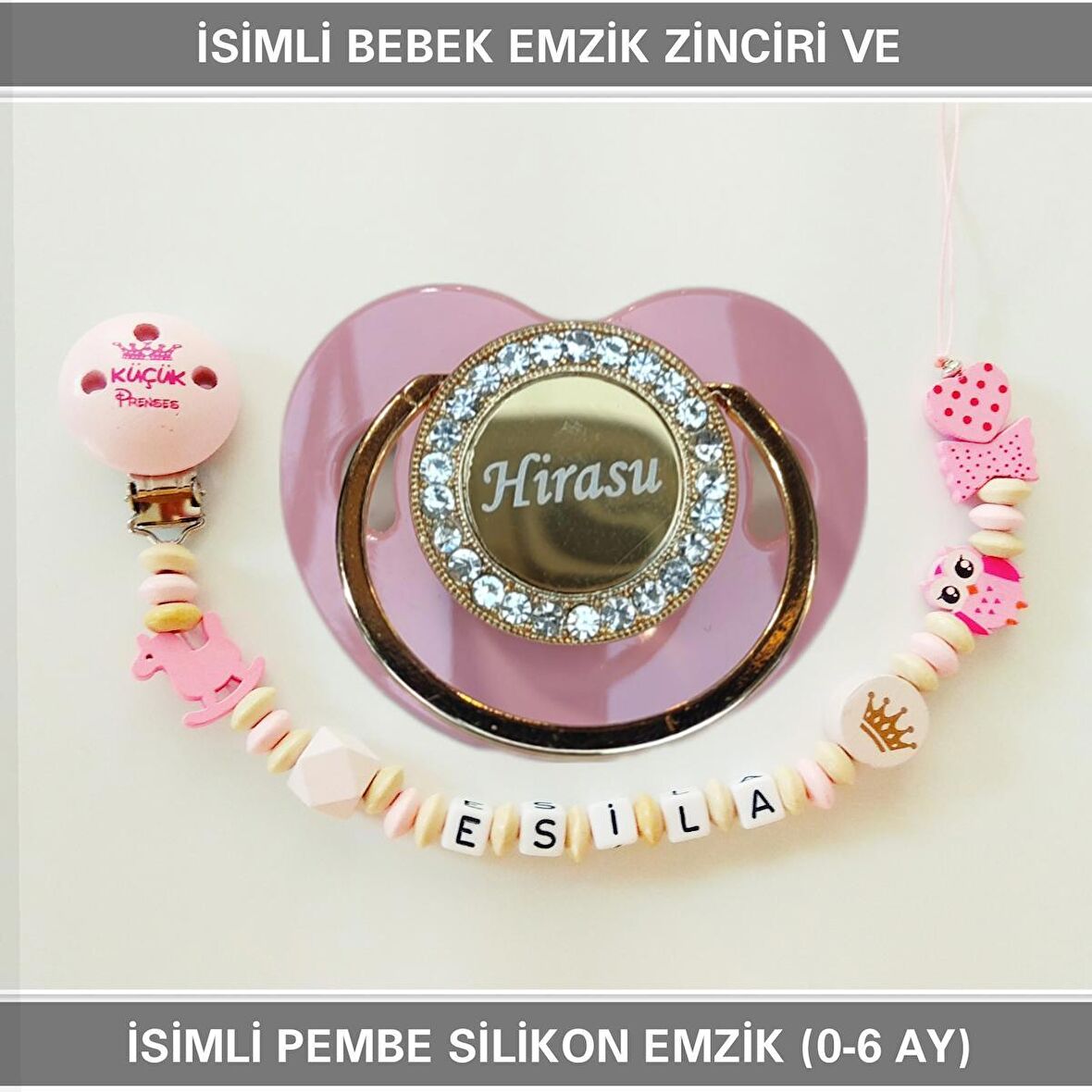 Sahi Aksesuar İsimli Bebek Emzik Zinciri ve Bebek Silikon Emzik