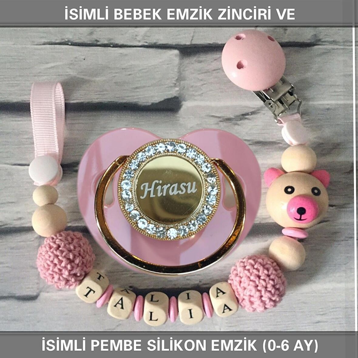 Sahi Aksesuar İsimli Bebek Emzik Zinciri ve Bebek Silikon Emzik