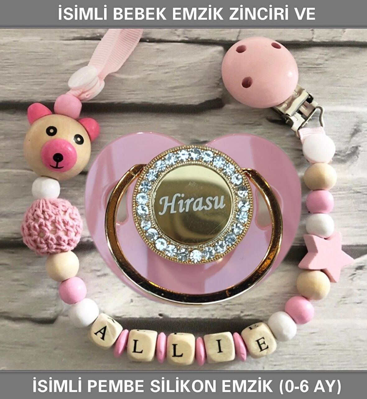 Sahi Aksesuar İsimli Bebek Emzik Zinciri ve Bebek Silikon Emzik