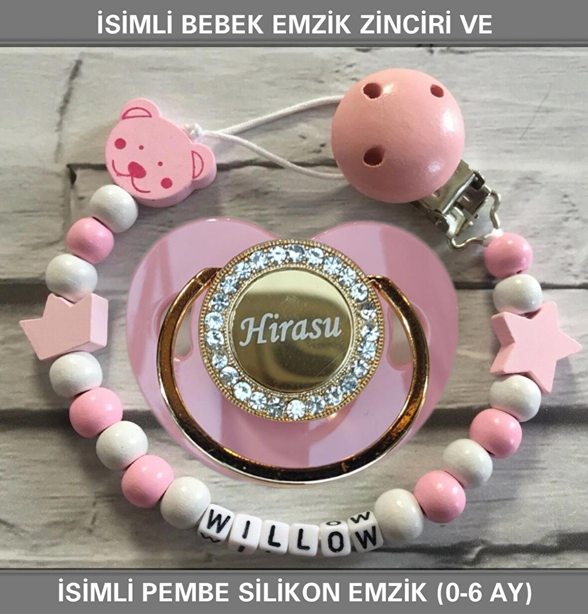 Sahi Aksesuar İsimli Bebek Emzik Zinciri ve Bebek Silikon Emzik