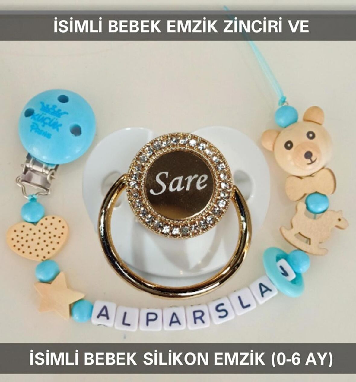 Sahi Aksesuar İsimli Bebek Emzik Zinciri ve Bebek Silikon Emzik