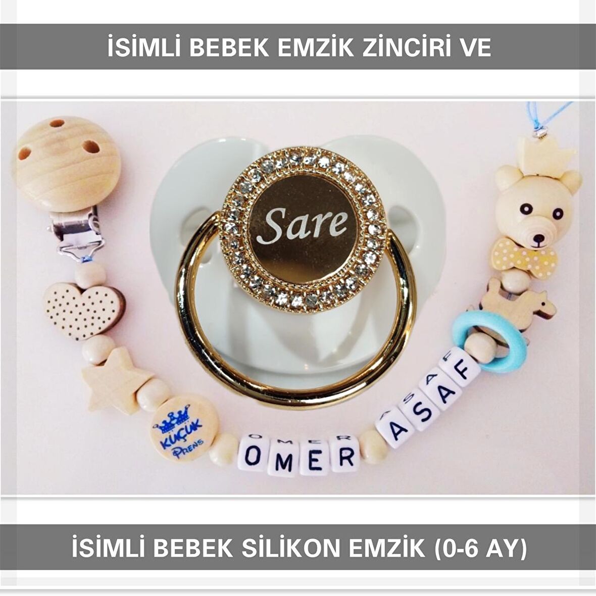 Sahi Aksesuar İsimli Bebek Emzik Zinciri ve Bebek Silikon Emzik