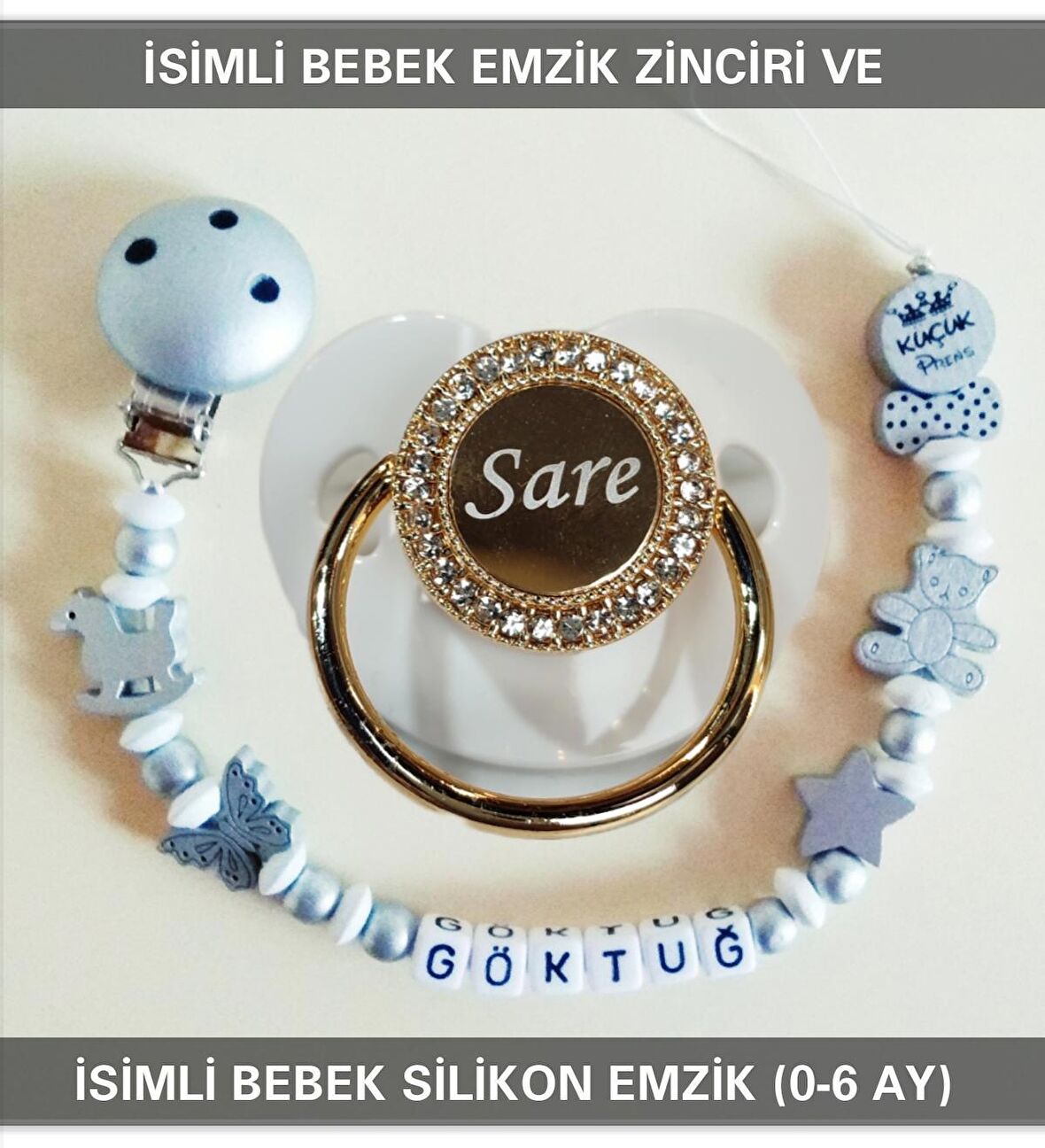 Sahi Aksesuar İsimli Bebek Emzik Zinciri ve Bebek Silikon Emzik