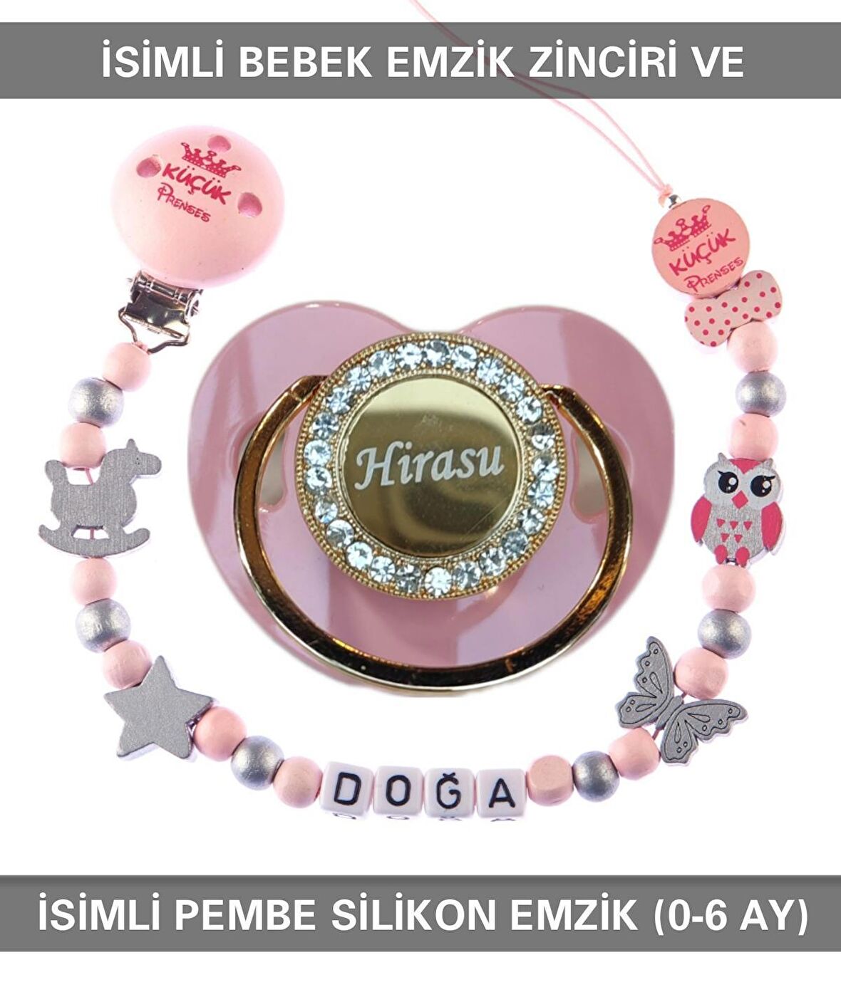 Sahi Aksesuar İsimli Bebek Emzik Zinciri ve Bebek Silikon Emzik