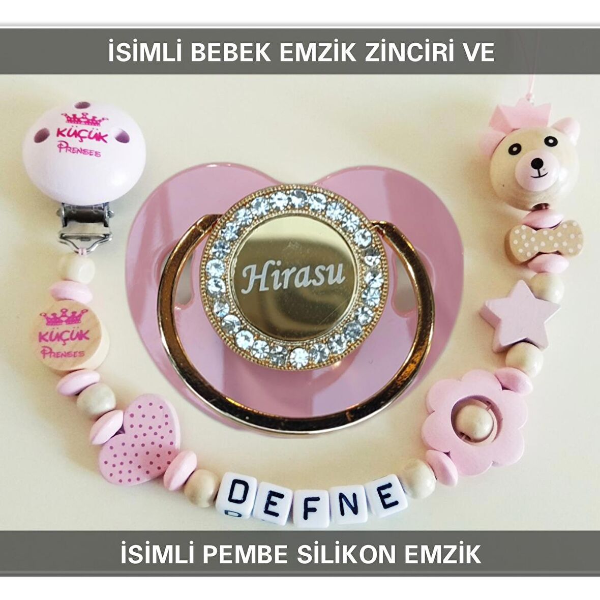 Sahi Aksesuar İsimli Bebek Emzik Zinciri ve Bebek Silikon Emzik