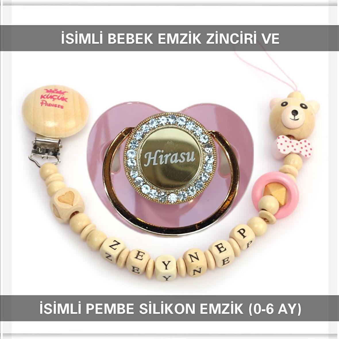 Sahi Aksesuar İsimli Bebek Emzik Zinciri ve Bebek Silikon Emzik