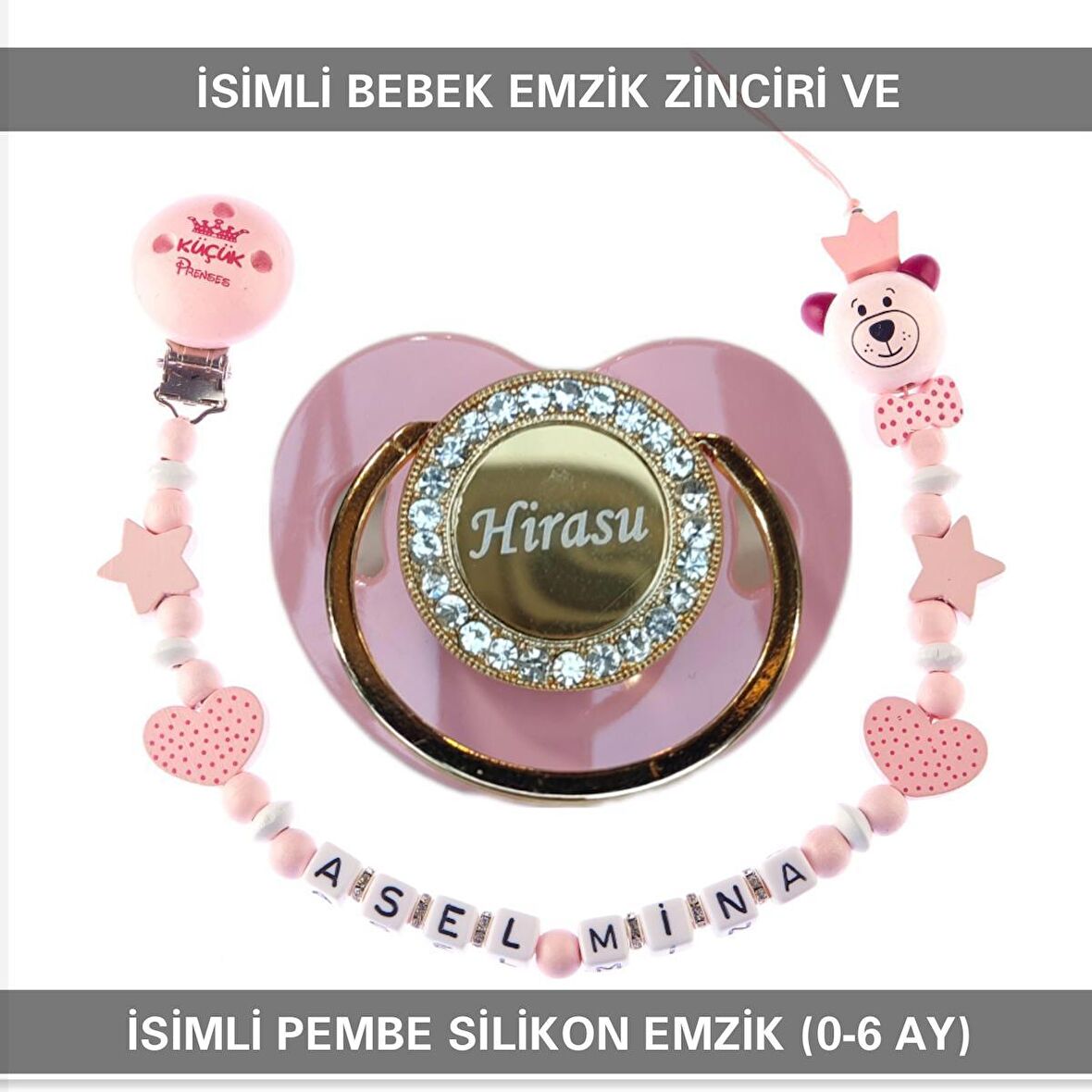 Sahi Aksesuar İsimli Bebek Emzik Zinciri ve Bebek Silikon Emzik