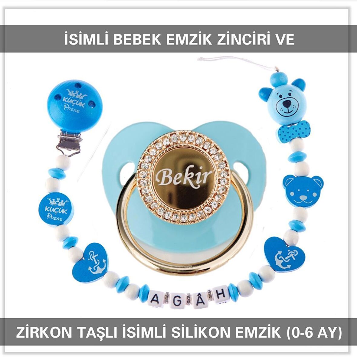 Sahi Aksesuar İsimli Bebek Emzik Zinciri ve İsimli Bebek Silikon Emzik (0-6 Ay