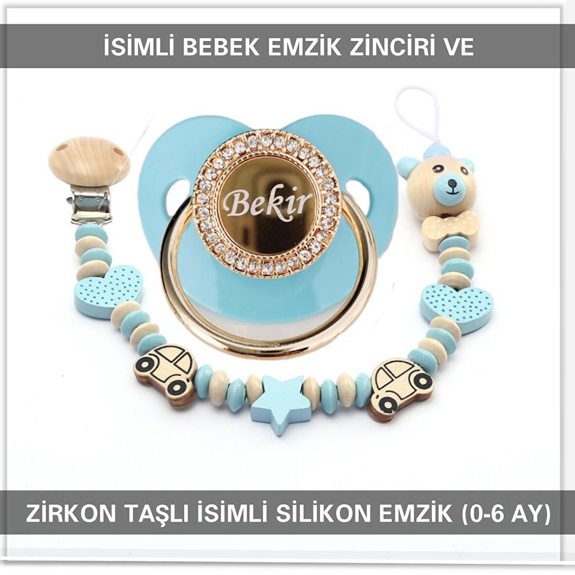 Sahi Aksesuar İsimli Bebek Emzik Zinciri ve İsimli Bebek Silikon Emzik (0-6 Ay