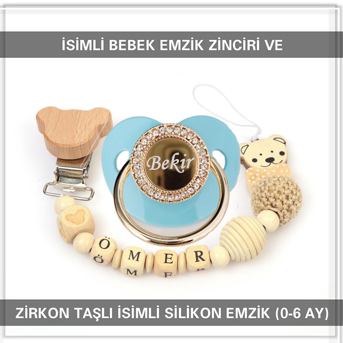 Sahi Aksesuar İsimli Bebek Emzik Zinciri ve İsimli Bebek Silikon Emzik (0-6 Ay