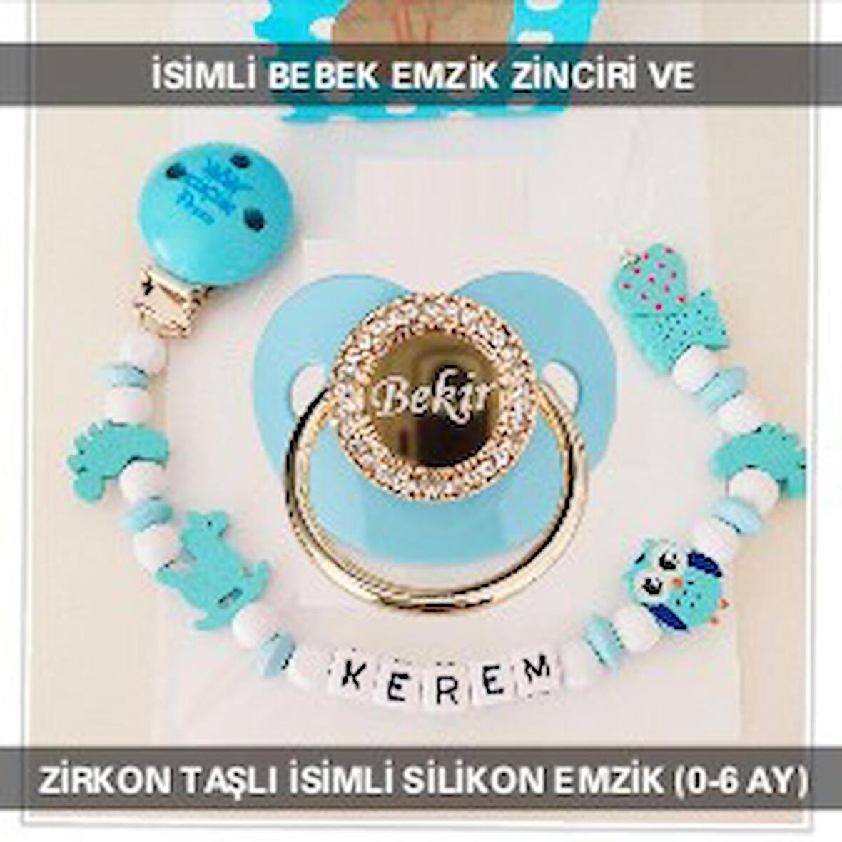 Sahi Aksesuar İsimli Bebek Emzik Zinciri ve İsimli Bebek Silikon Emzik (0-6 Ay