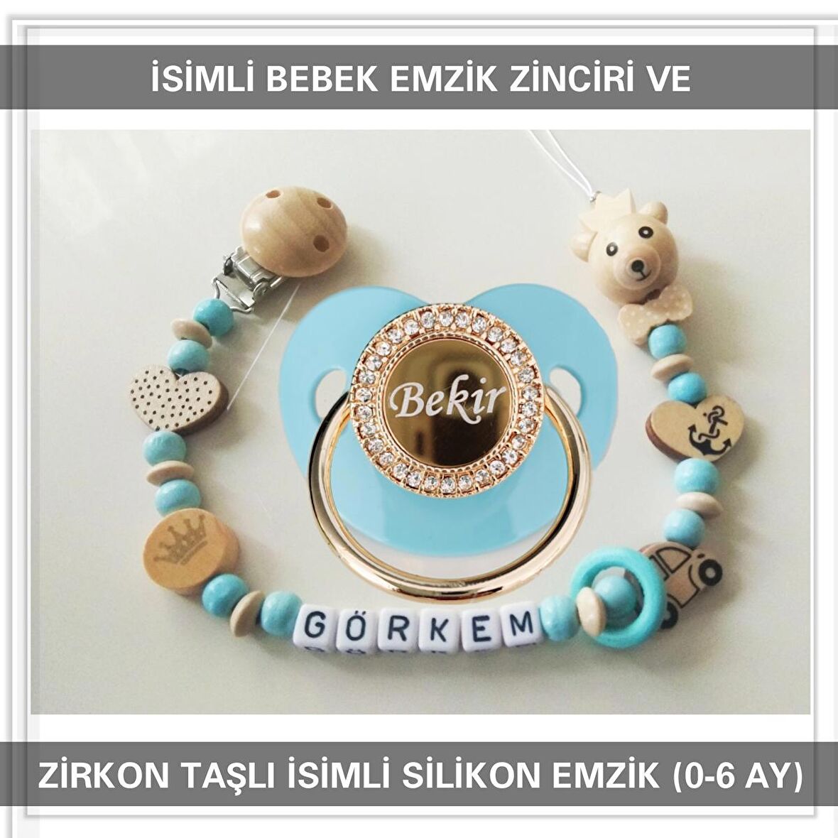Sahi Aksesuar İsimli Bebek Emzik Zinciri ve İsimli Bebek Silikon Emzik (0-6 Ay
