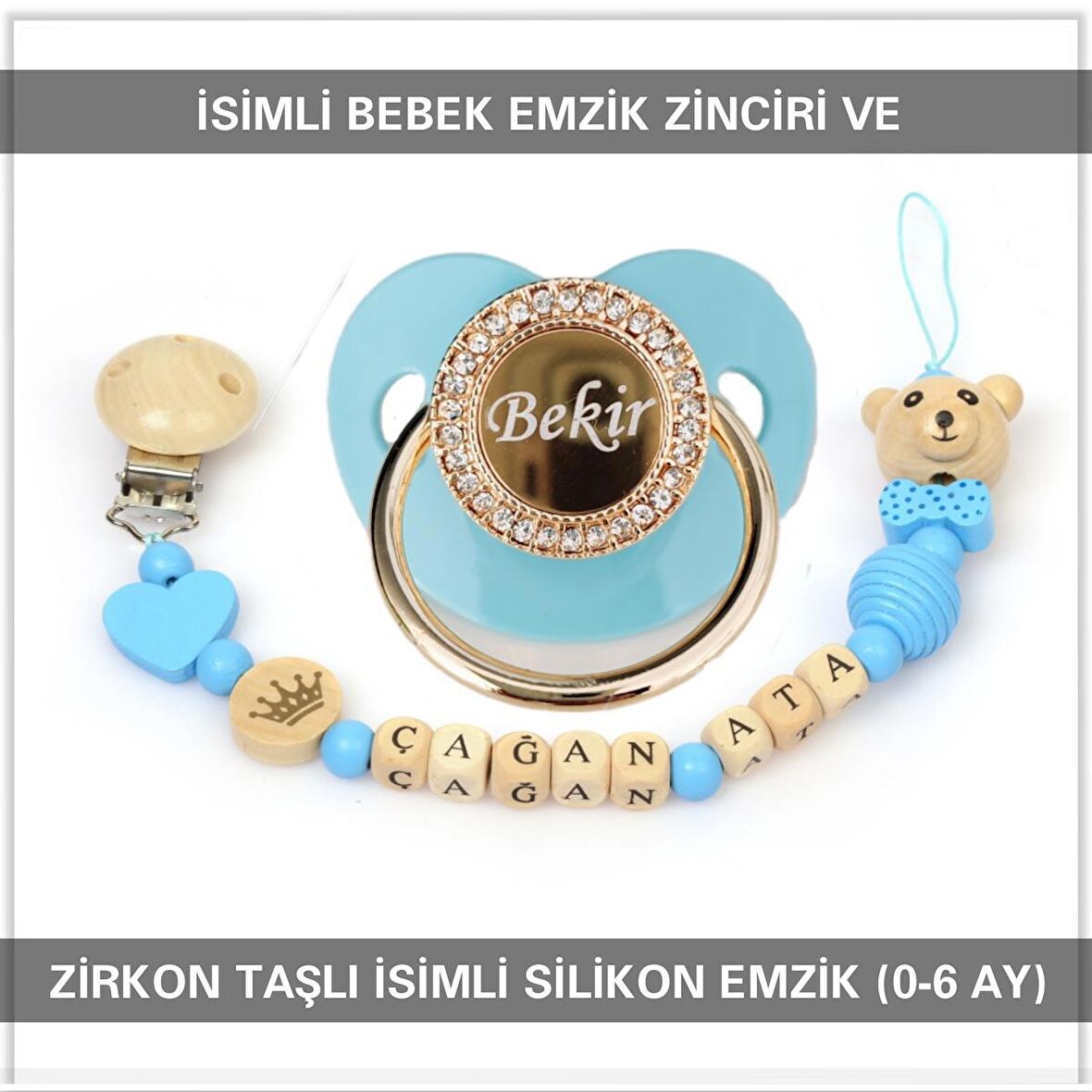 Sahi Aksesuar İsimli Bebek Emzik Zinciri ve İsimli Bebek Silikon Emzik (0-6 Ay