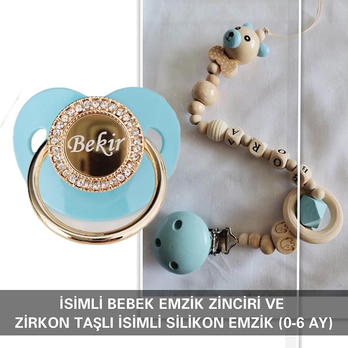 Sahi Aksesuar İsimli Bebek Emzik Zinciri ve İsimli Bebek Silikon Emzik (0-6 Ay