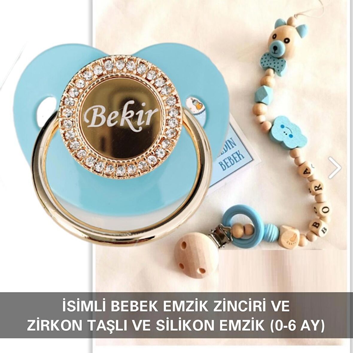 Sahi Aksesuar İsimli Bebek Emzik Zinciri ve İsimli Bebek Silikon Emzik (0-6 Ay