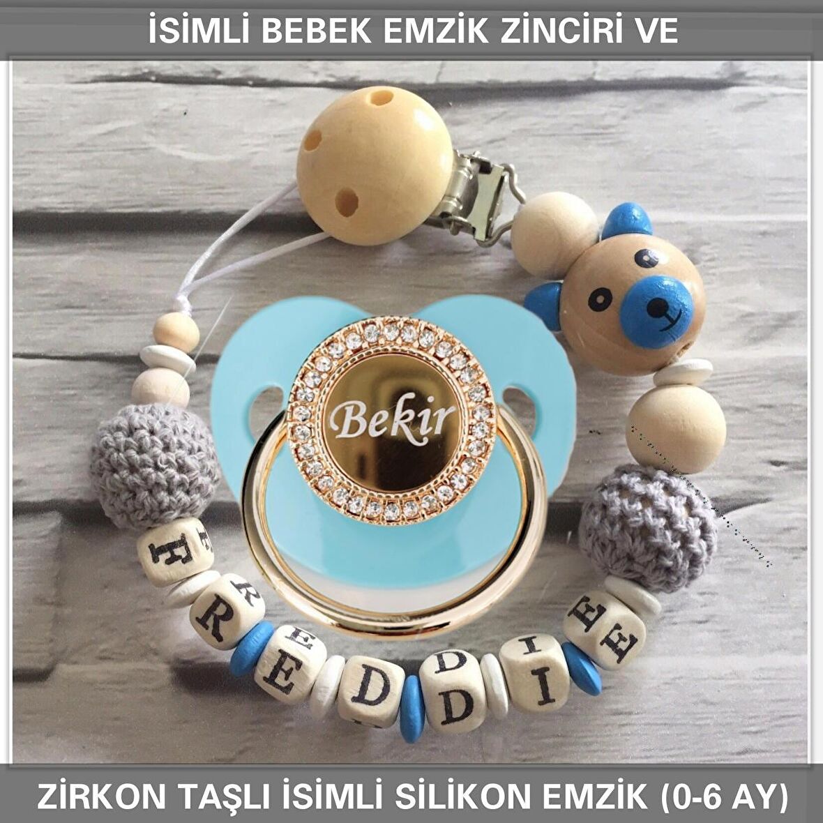 Sahi Aksesuar İsimli Bebek Emzik Zinciri ve İsimli Bebek Silikon Emzik (0-6 Ay