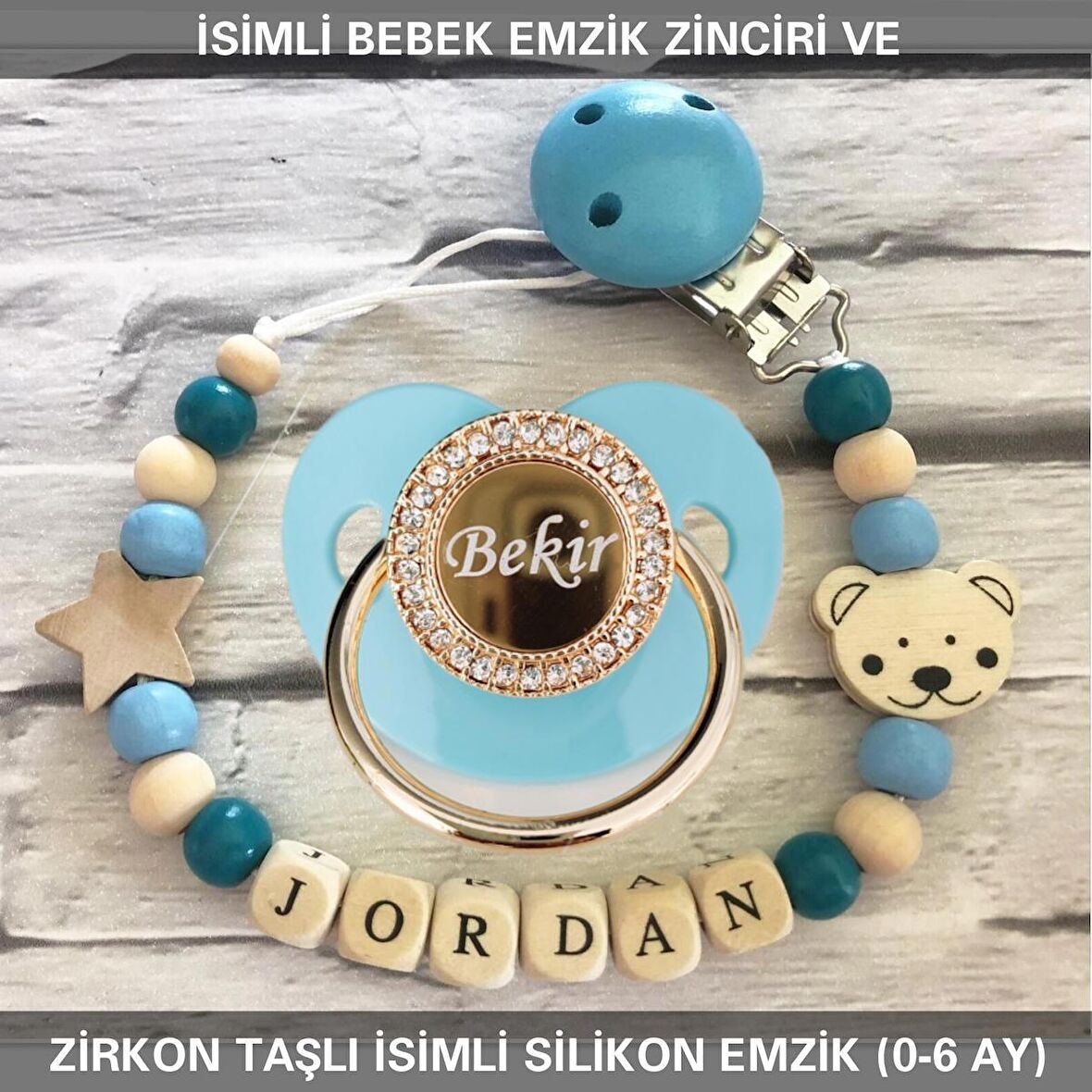 Sahi Aksesuar İsimli Bebek Emzik Zinciri ve İsimli Bebek Silikon Emzik (0-6 Ay