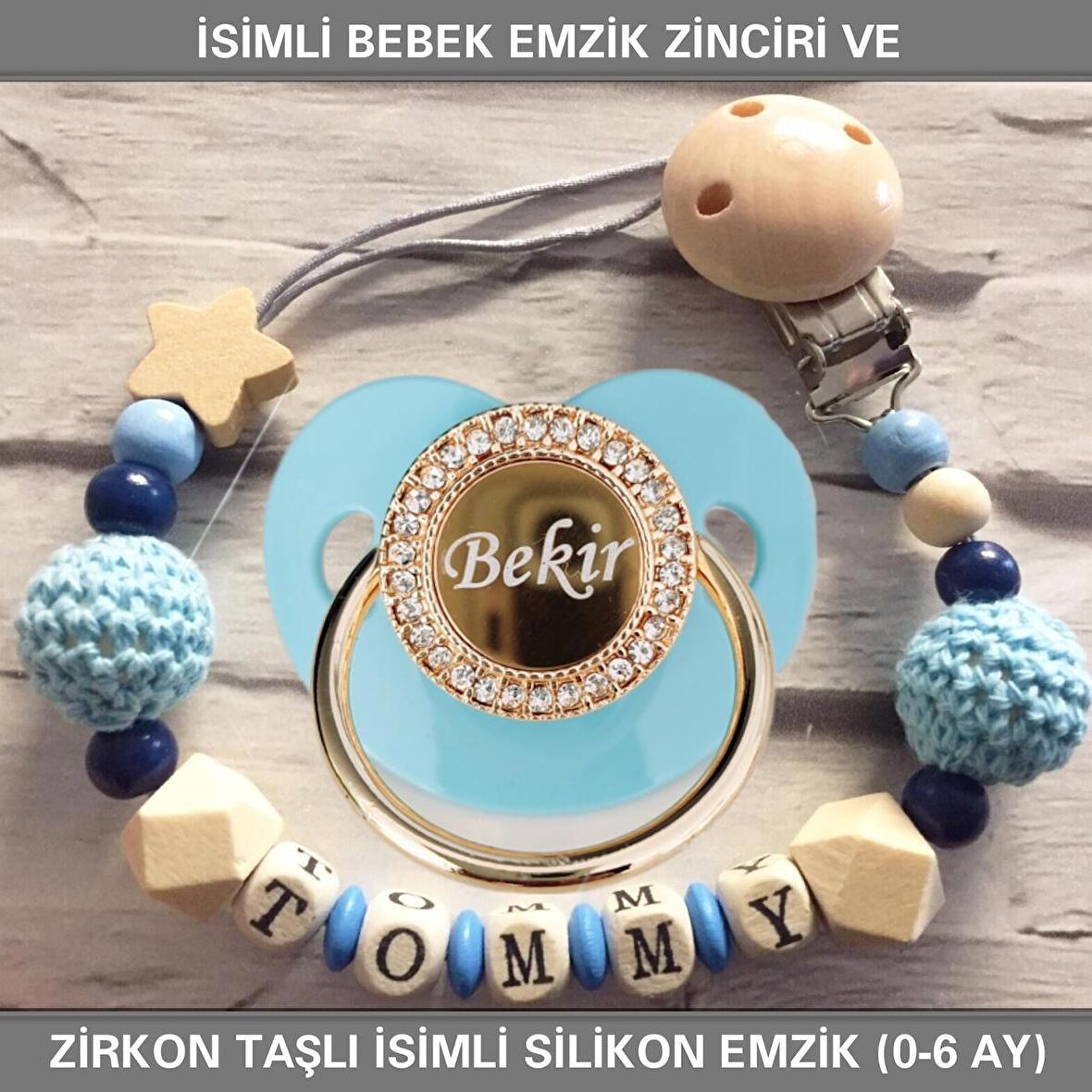 Sahi Aksesuar İsimli Bebek Emzik Zinciri ve İsimli Bebek Silikon Emzik (0-6 Ay