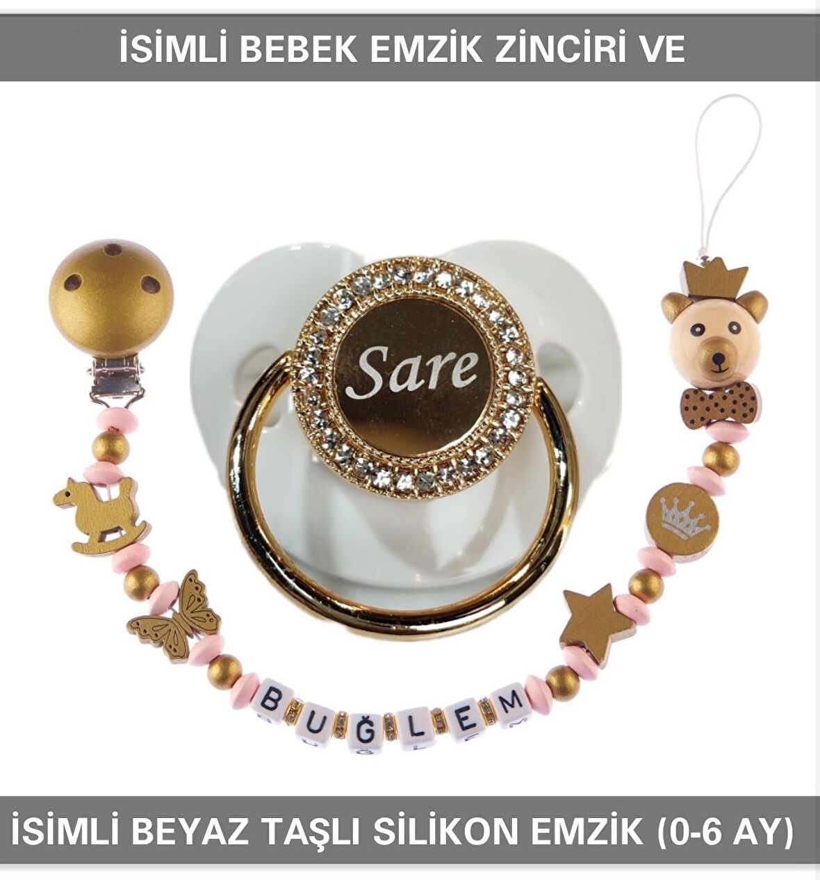 Sahi Aksesuar İsimli Bebek Emzik Zinciri ve İsimli Bebek Silikon Emzik (0-6 Ay