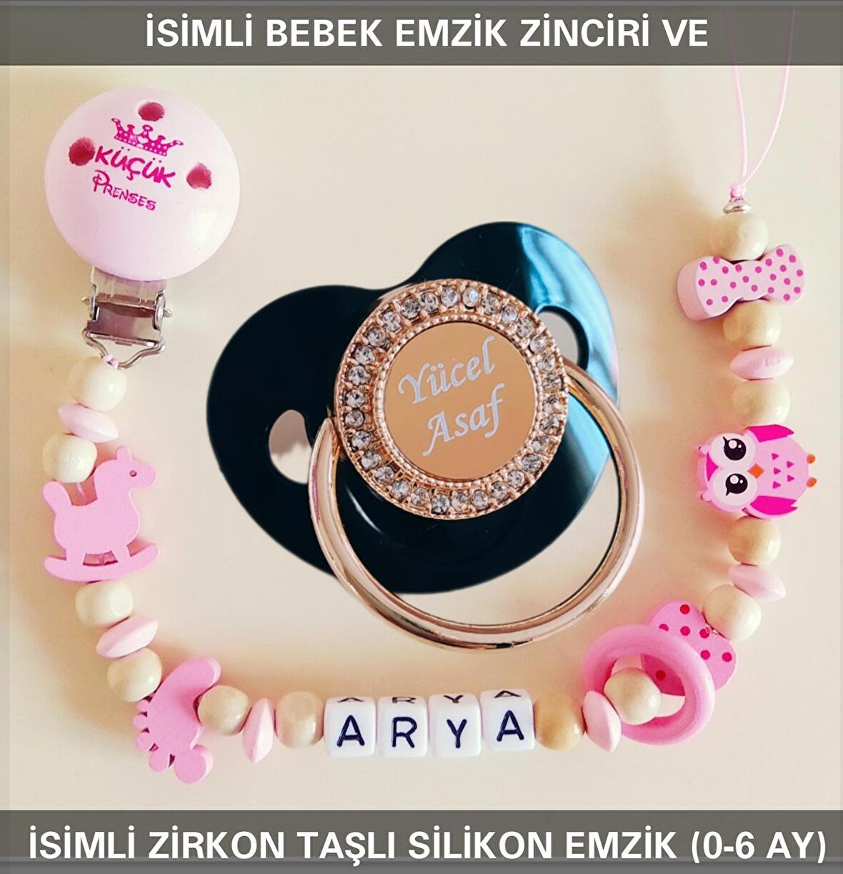 Sahi Aksesuar İsimli Bebek Emzik Zinciri ve İsimli Bebek Silikon Emzik (0-6 Ay
