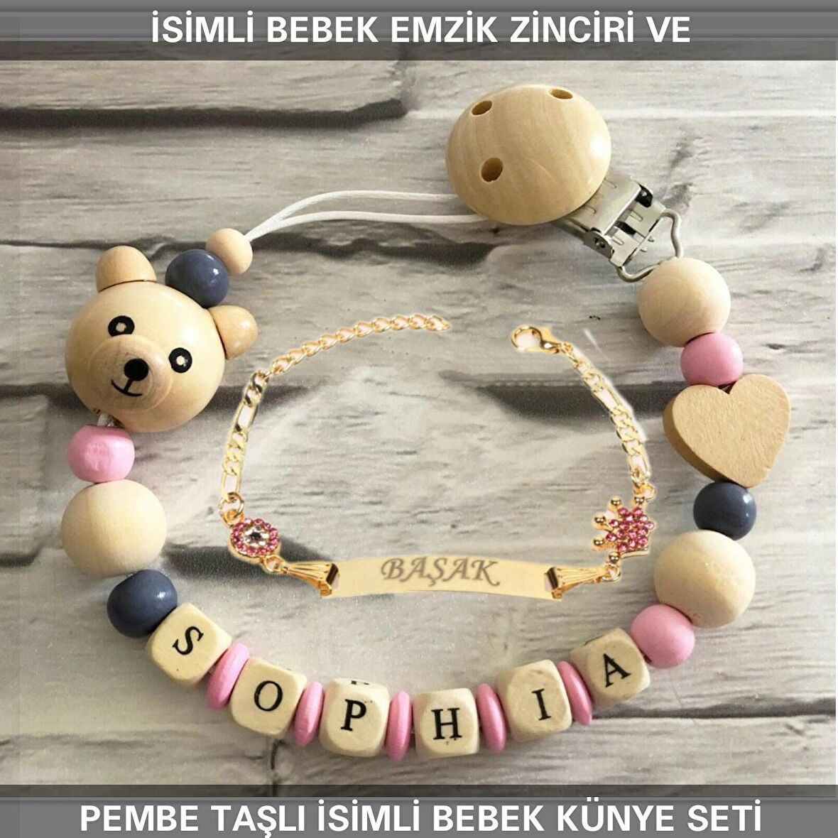Sahi Aksesuar İsimli Bebek Emzik Zinciri ve İsimli Bebek Künye Seti