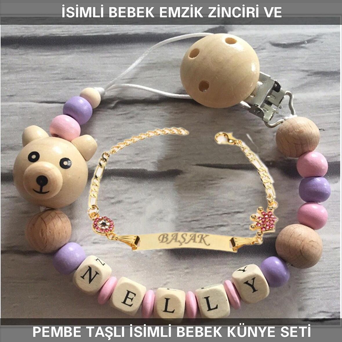 Sahi Aksesuar İsimli Bebek Emzik Zinciri ve İsimli Bebek Künye Seti