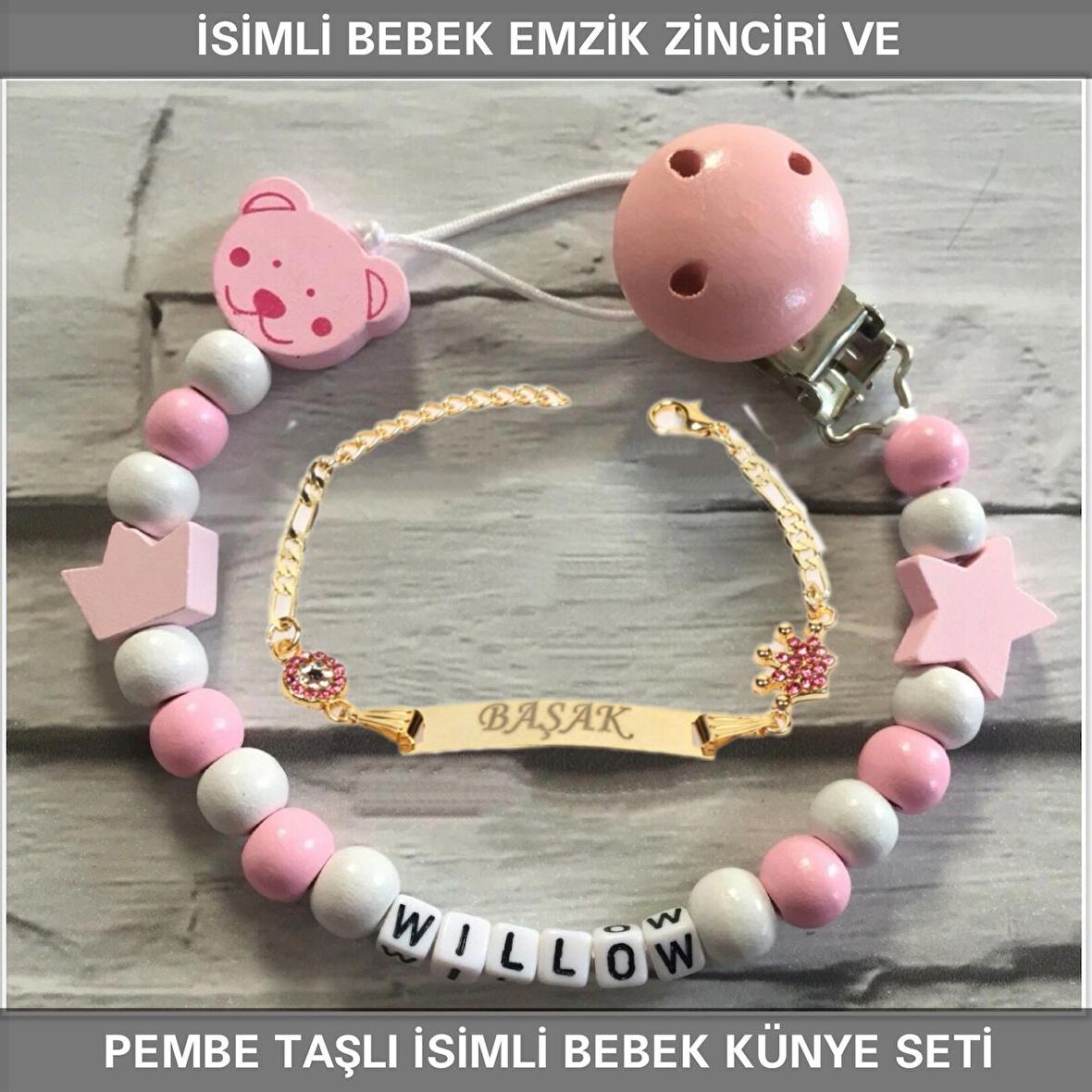 Sahi Aksesuar İsimli Bebek Emzik Zinciri ve İsimli Bebek Künye Seti