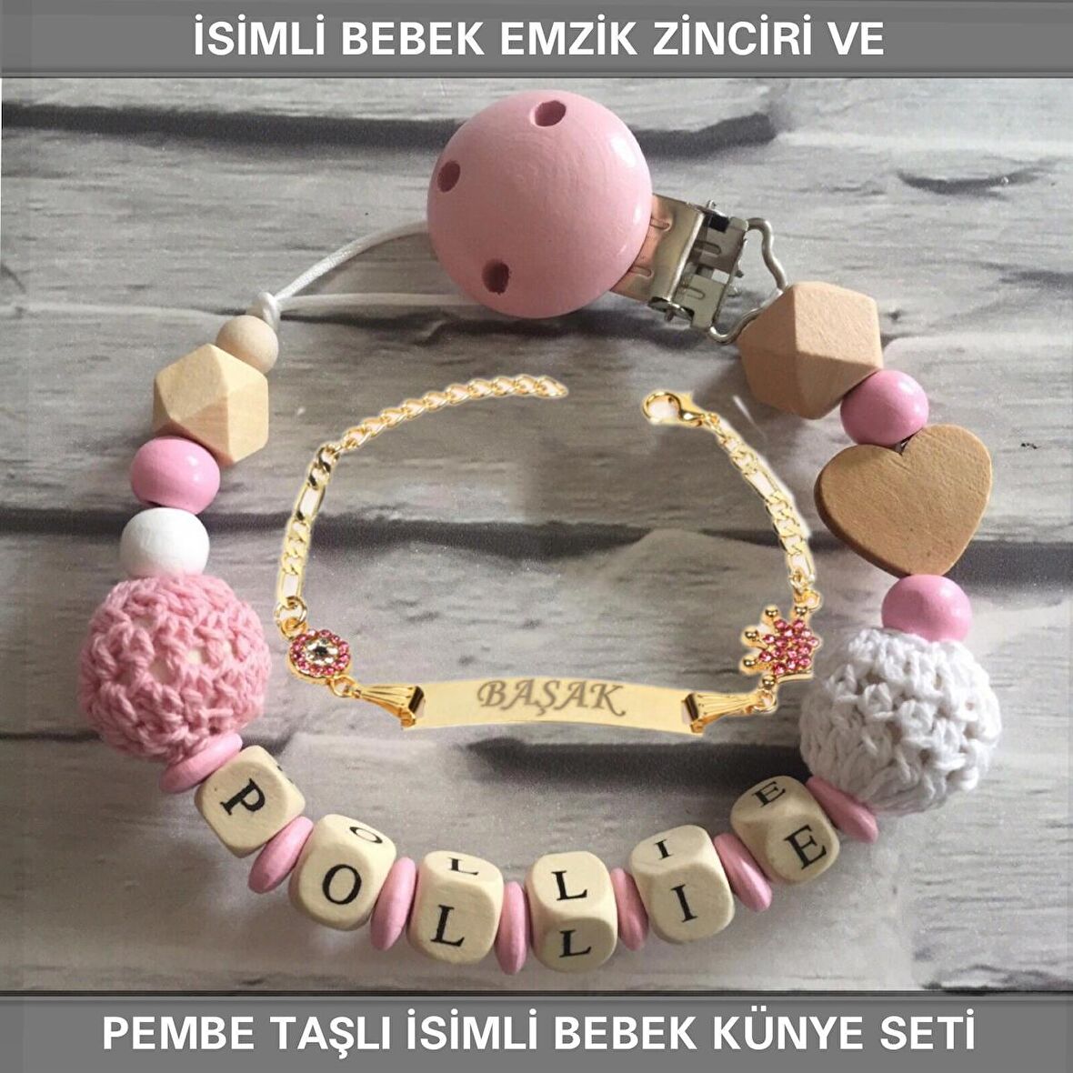 Sahi Aksesuar İsimli Bebek Emzik Zinciri ve İsimli Bebek Künye Seti