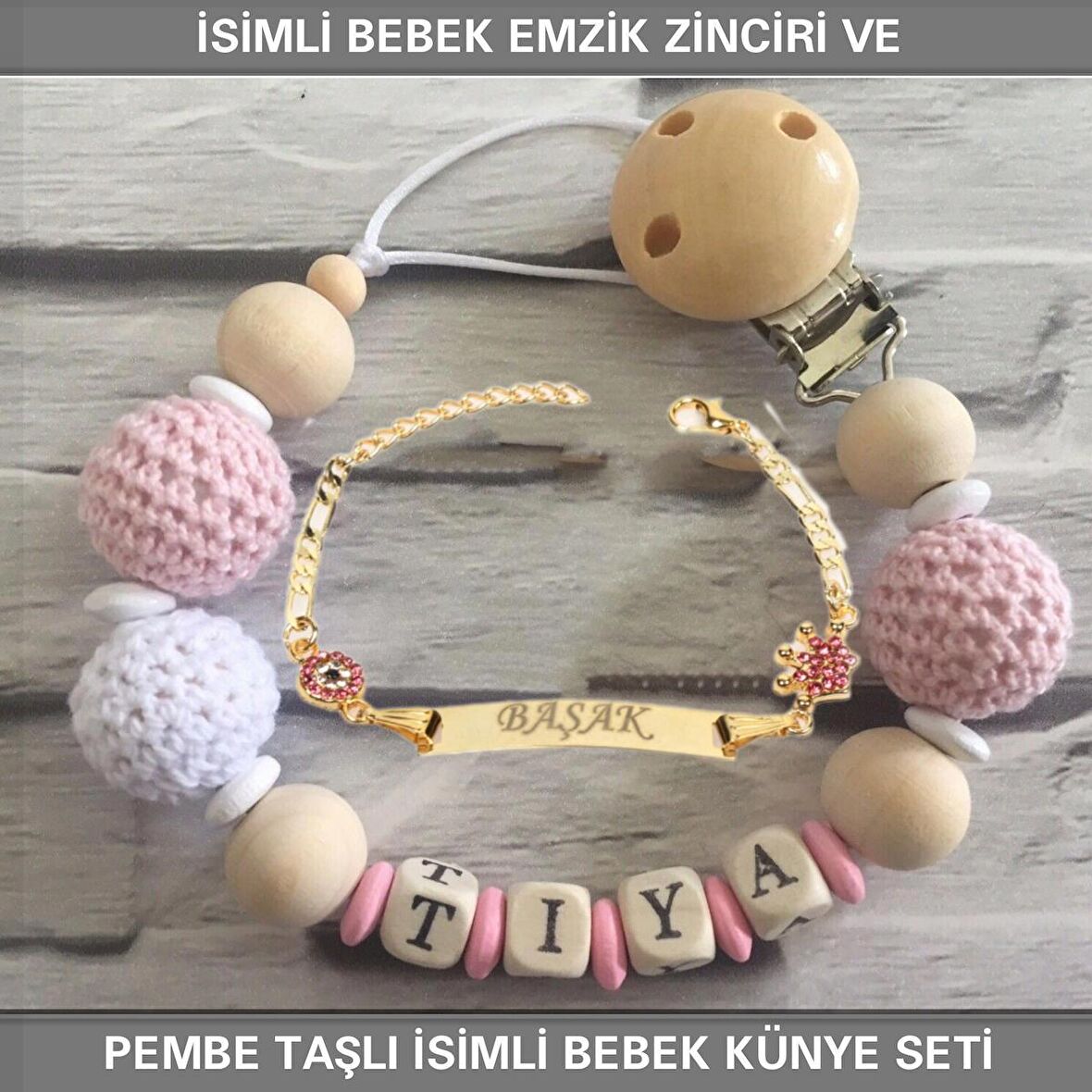 Sahi Aksesuar İsimli Bebek Emzik Zinciri ve İsimli Bebek Künye Seti