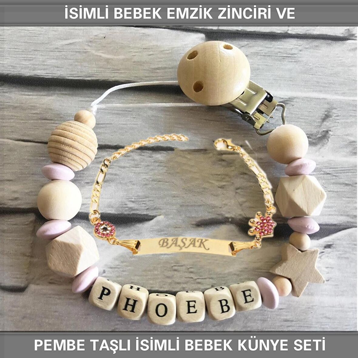 Sahi Aksesuar İsimli Bebek Emzik Zinciri ve İsimli Bebek Künye Seti