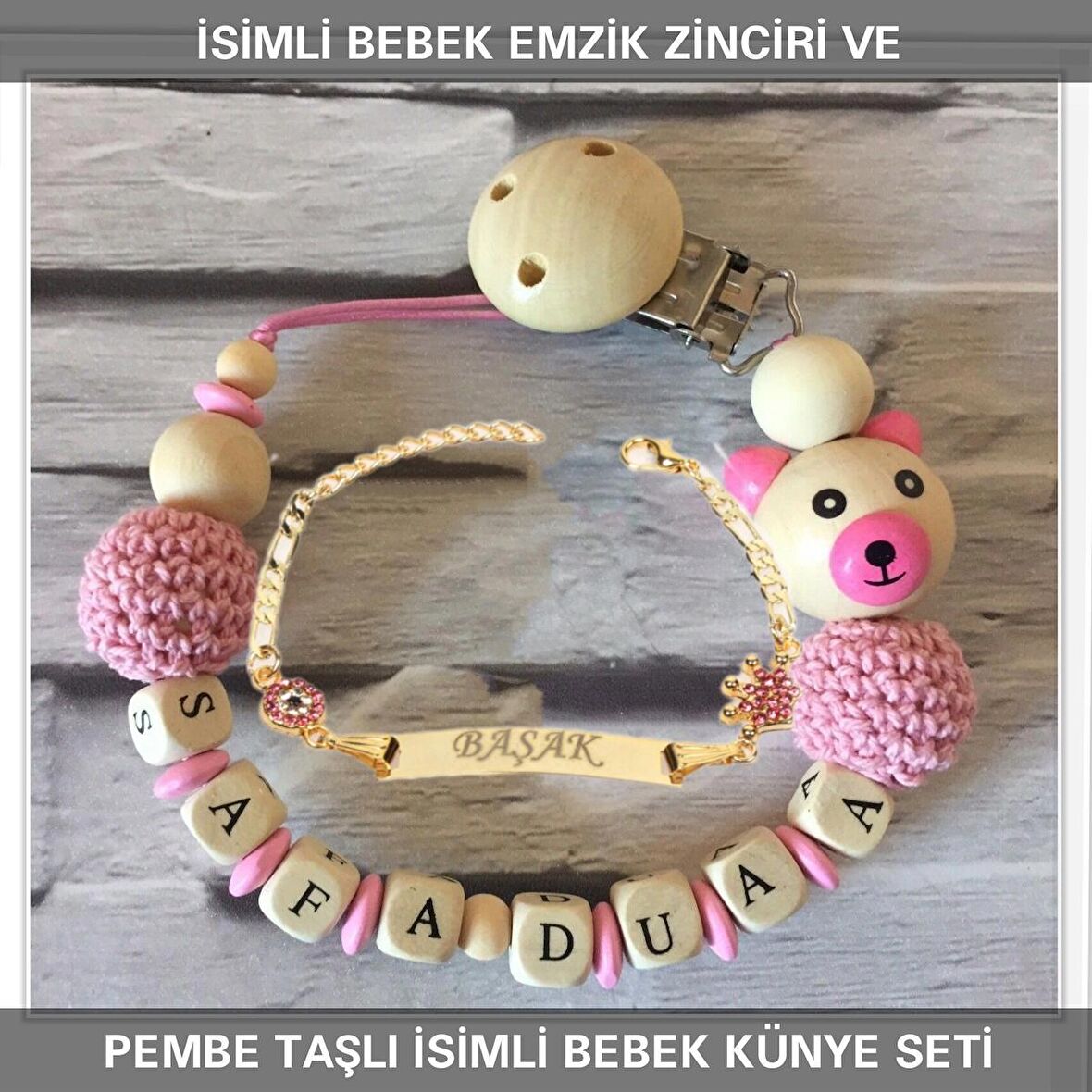Sahi Aksesuar İsimli Bebek Emzik Zinciri ve İsimli Bebek Künye Seti