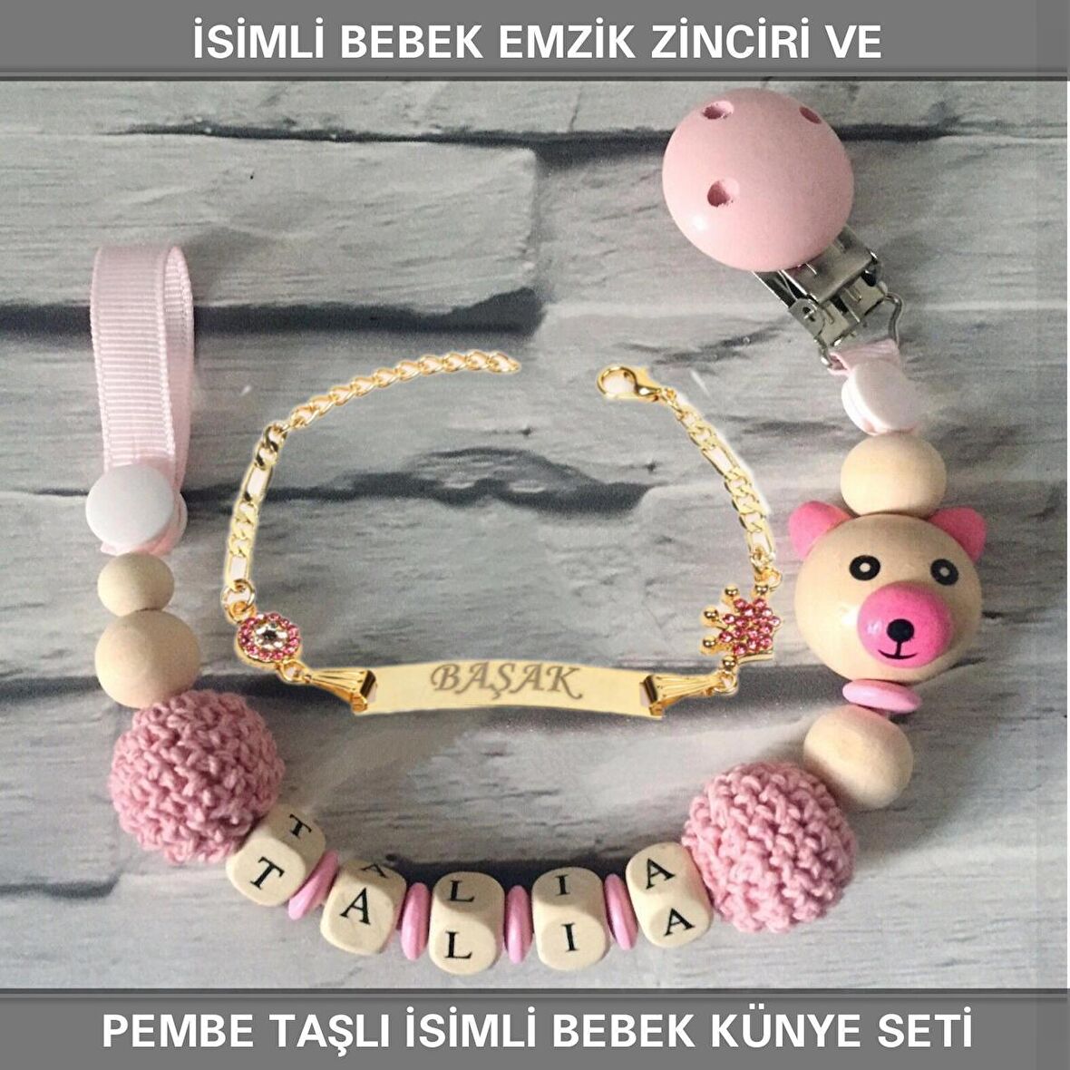 Sahi Aksesuar İsimli Bebek Emzik Zinciri ve İsimli Bebek Künye Seti