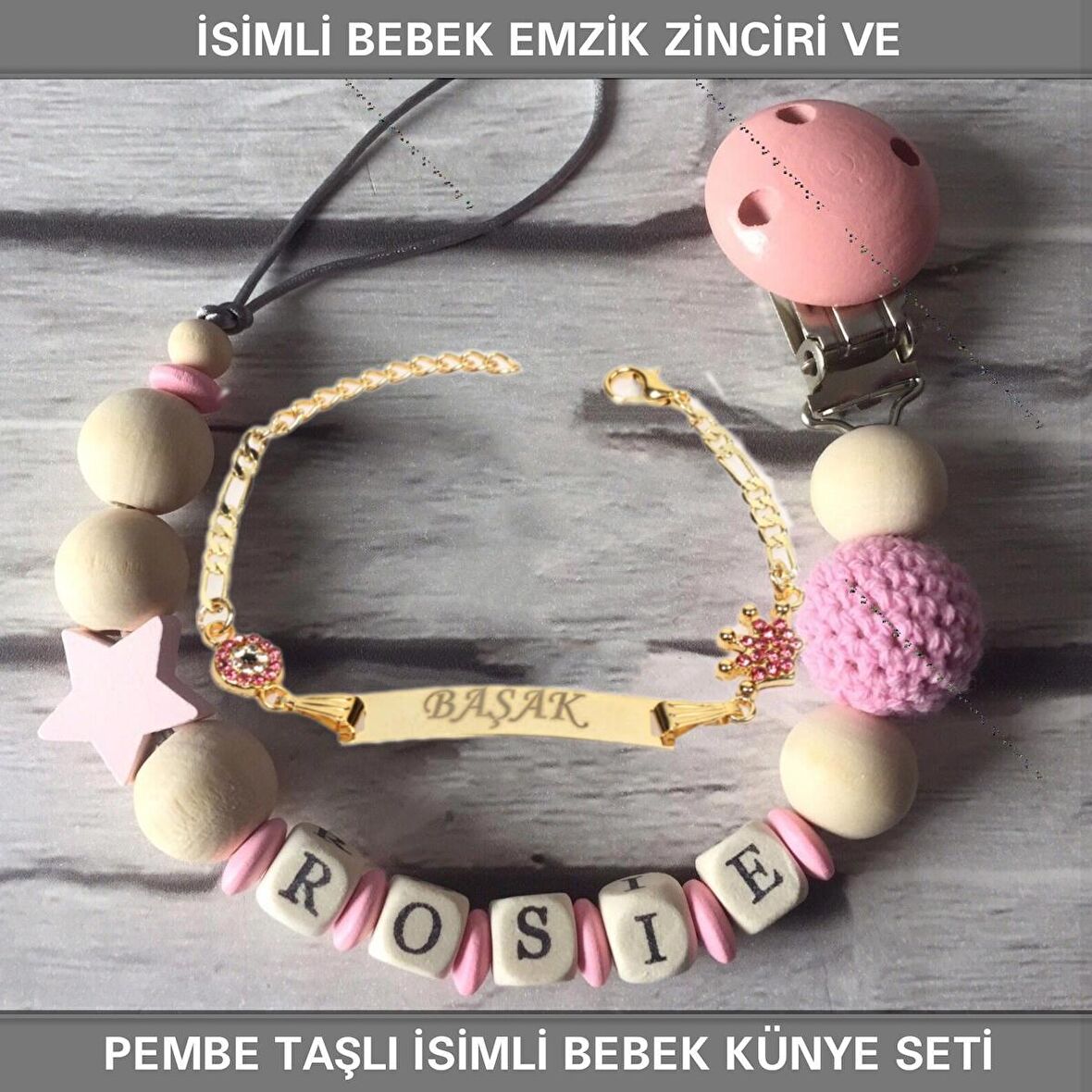 Sahi Aksesuar İsimli Bebek Emzik Zinciri ve İsimli Bebek Künye Seti