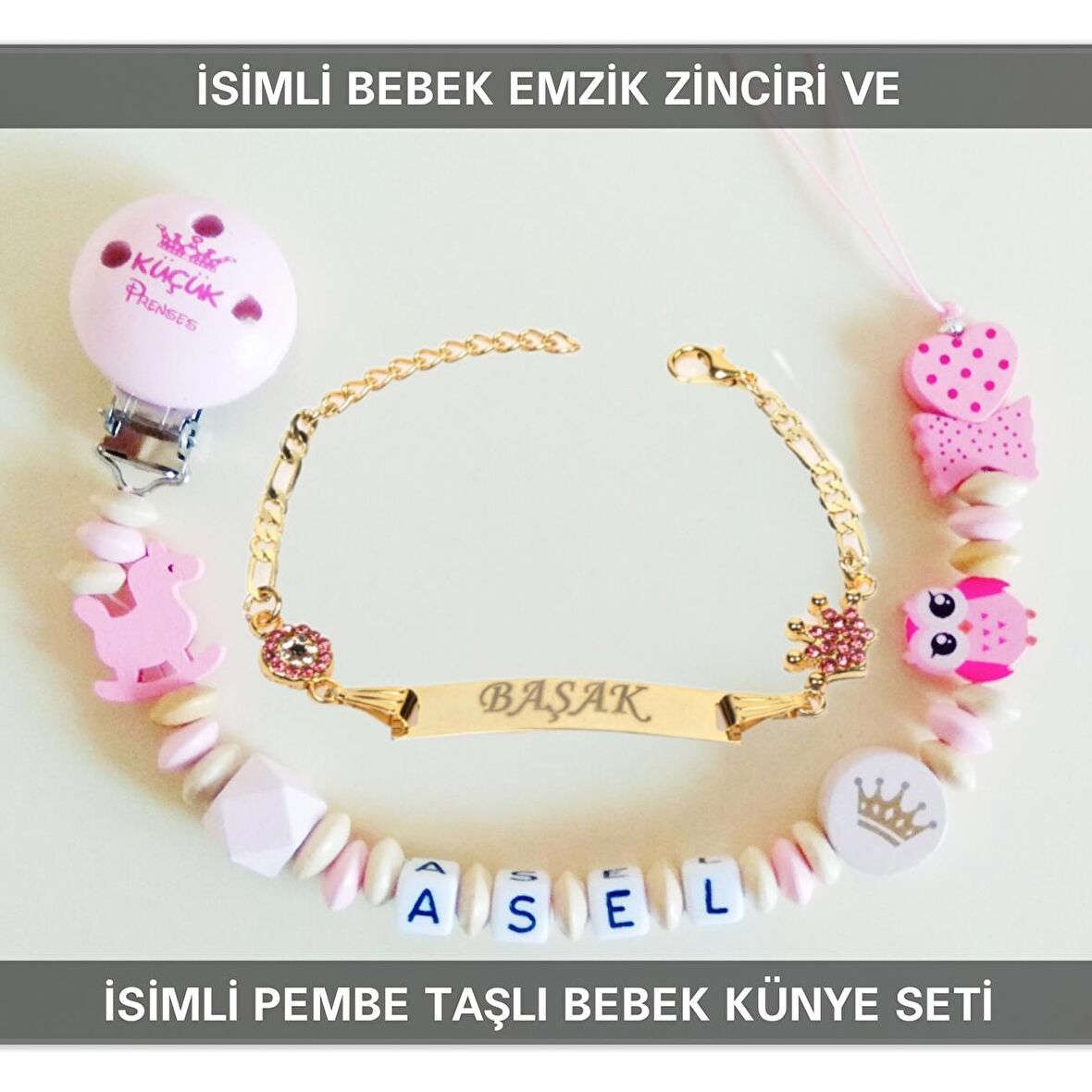 Sahi Aksesuar İsimli Bebek Emzik Zinciri ve İsimli Bebek Künye Seti