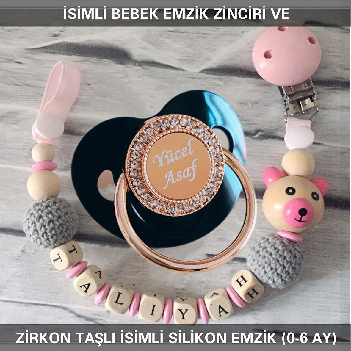 Sahi Aksesuar İsimli Emzik Zinciri ve İsimli Silikon Emzik (0-6 Ay) BEZYI436