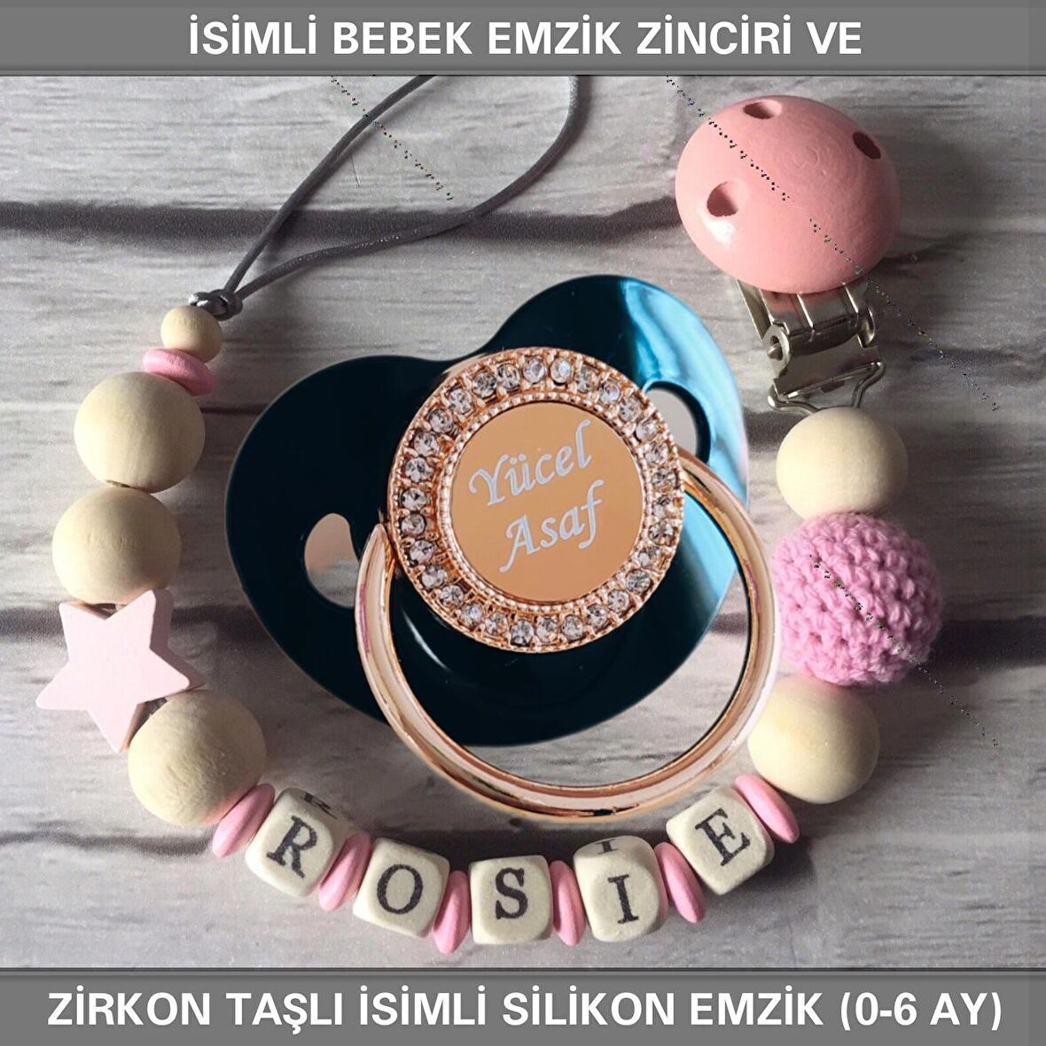 Sahi Aksesuar İsimli Emzik Zinciri ve İsimli Silikon Emzik (0-6 Ay) BEZYI456