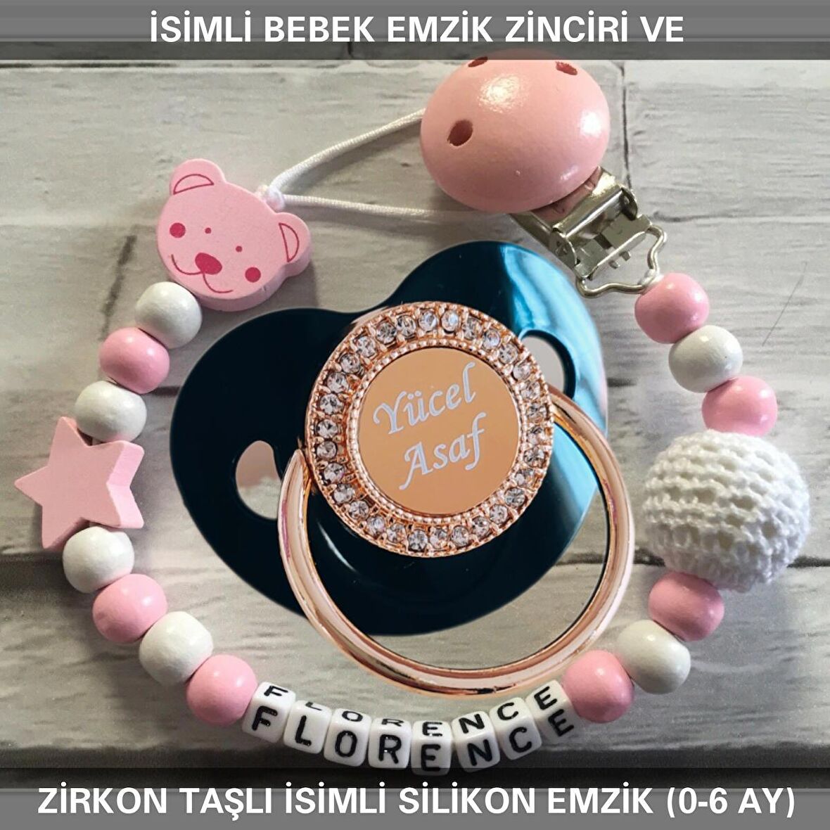 Sahi Aksesuar İsimli Emzik Zinciri ve İsimli Silikon Emzik (0-6 Ay) BEZYI471
