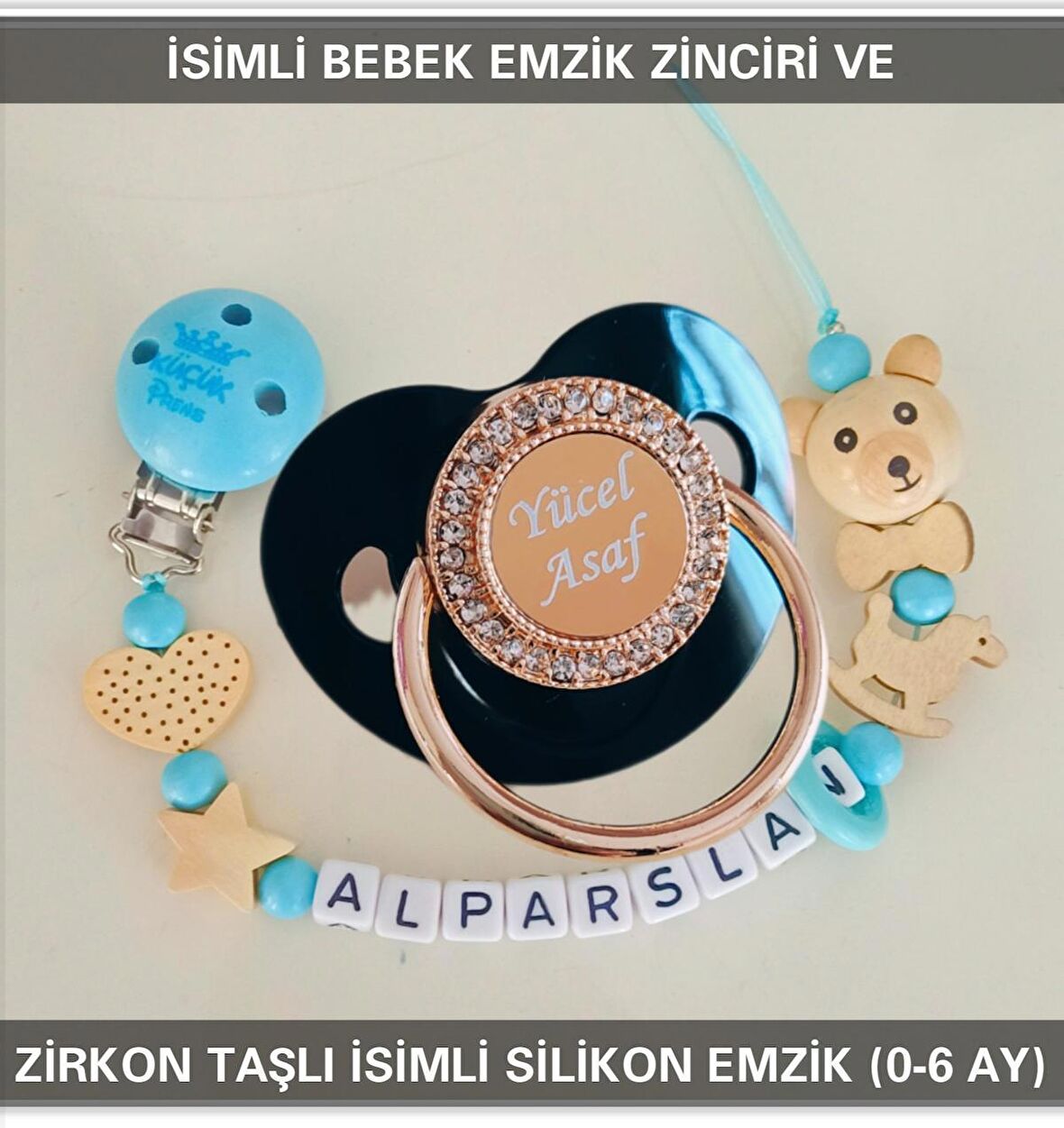 Sahi Aksesuar İsimli Emzik Zinciri ve İsimli Silikon Emzik (0-6 Ay) BEZYI484