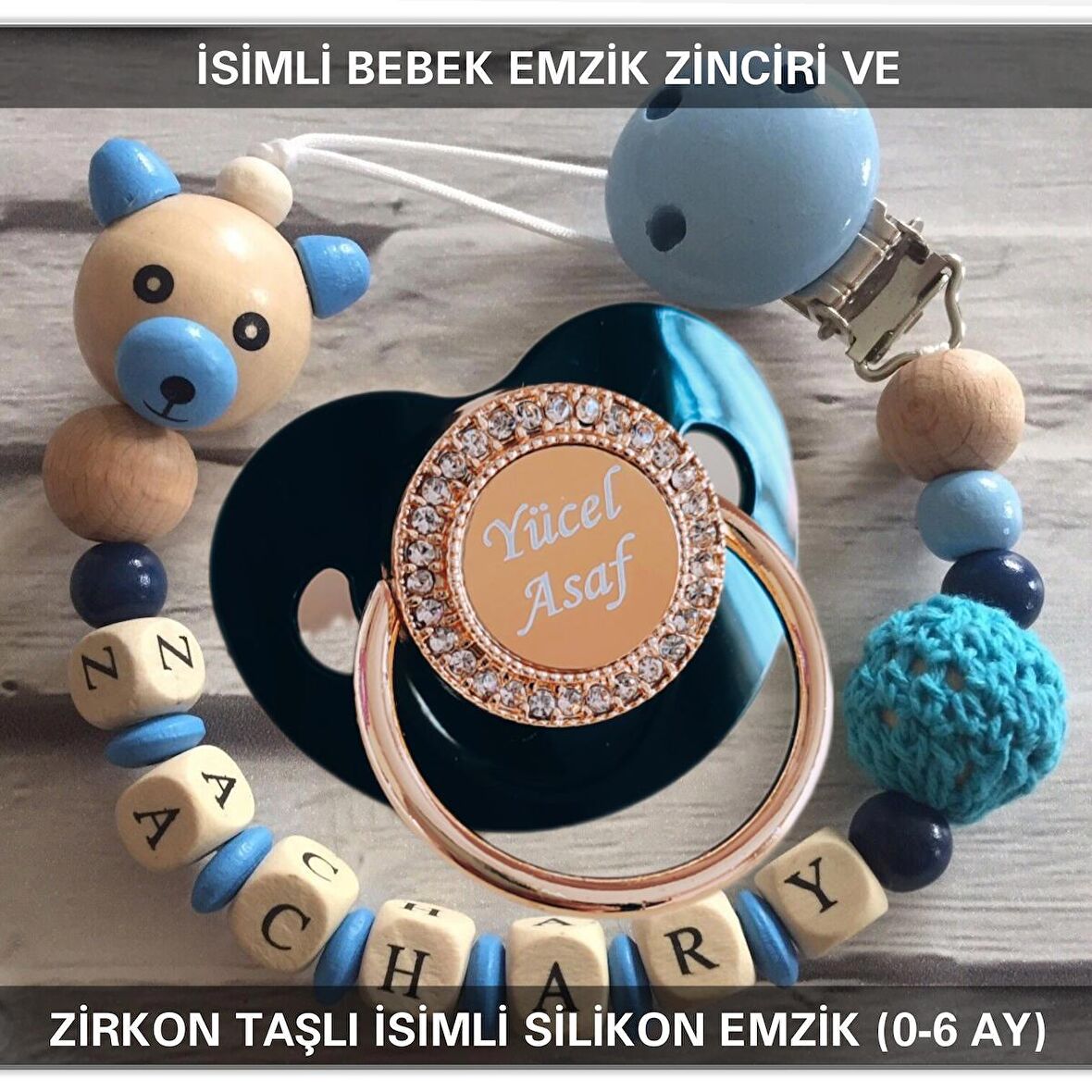 Sahi Aksesuar İsimli Emzik Zinciri ve İsimli Silikon Emzik (0-6 Ay) BEZYI495