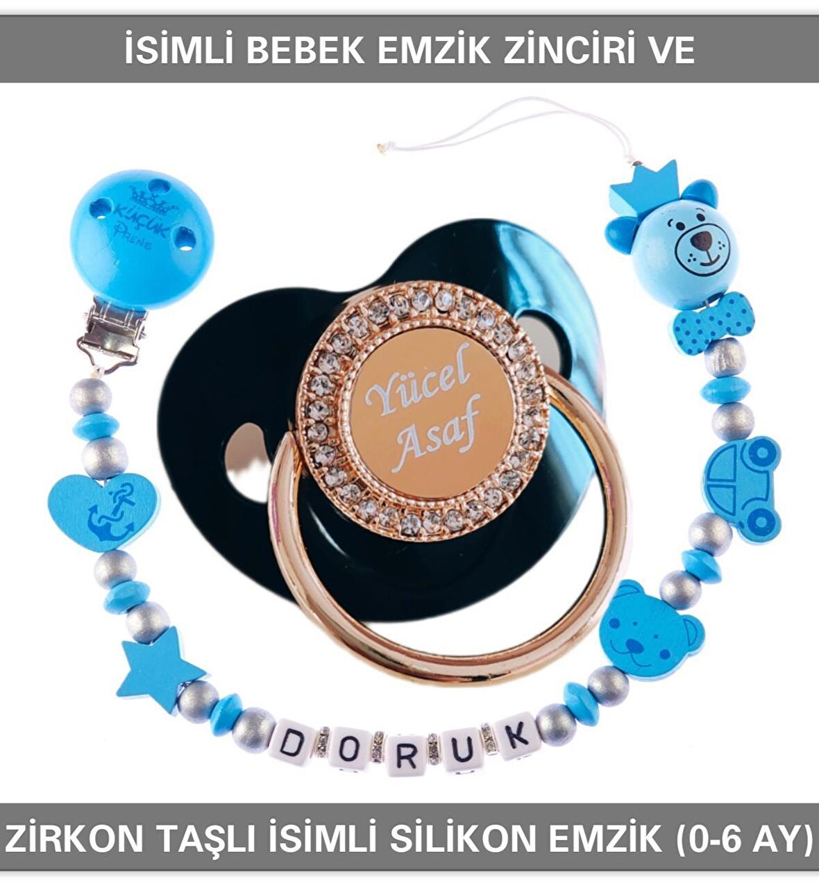 Sahi Aksesuar İsimli Emzik Zinciri ve İsimli Silikon Emzik (0-6 Ay) BEZYI511